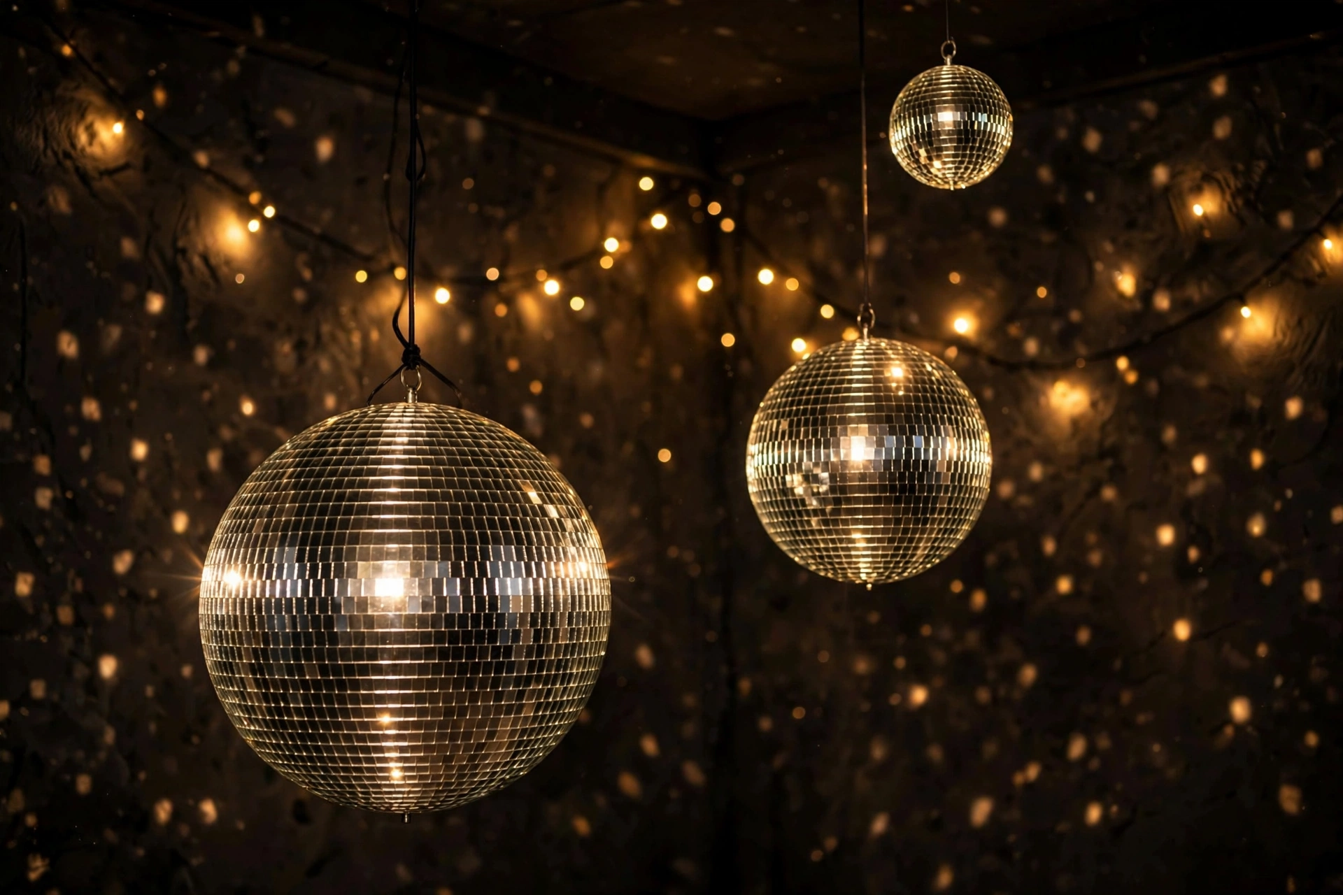 Mirrored disco balls catch the light across the room.