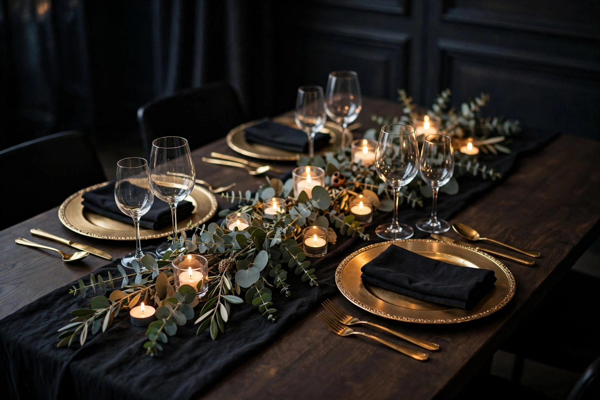 A black and gold tablescape ready for the midnight toast.