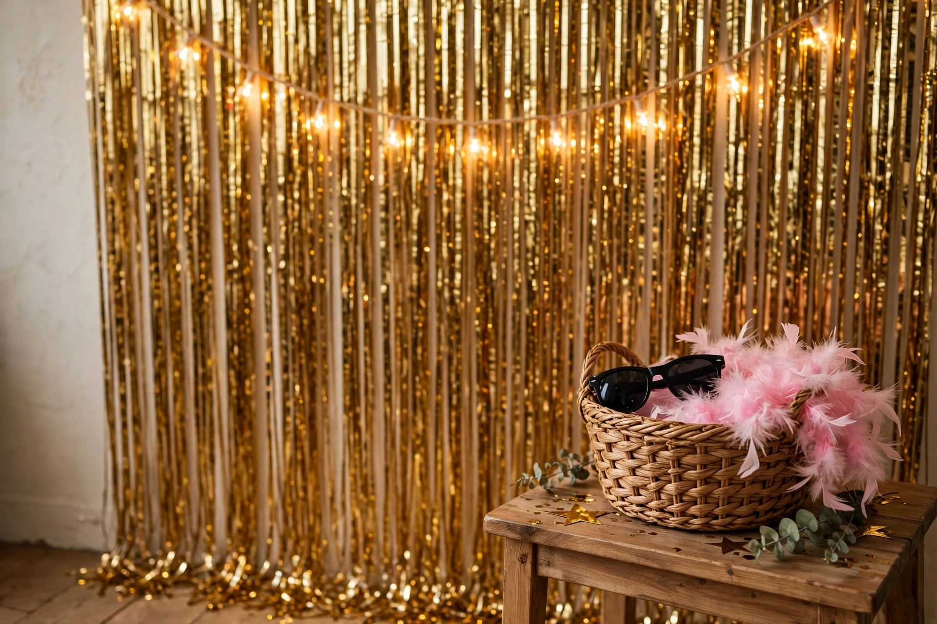 A metallic fringe backdrop makes an easy photo corner.