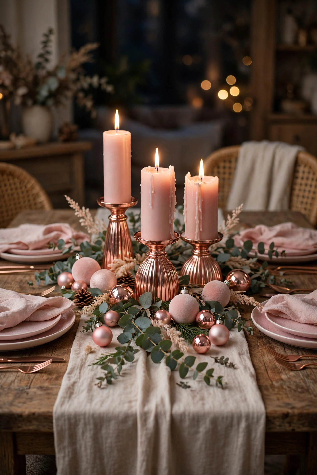 Pink Christmas table centrepiece with blush candles and rose gold holders
