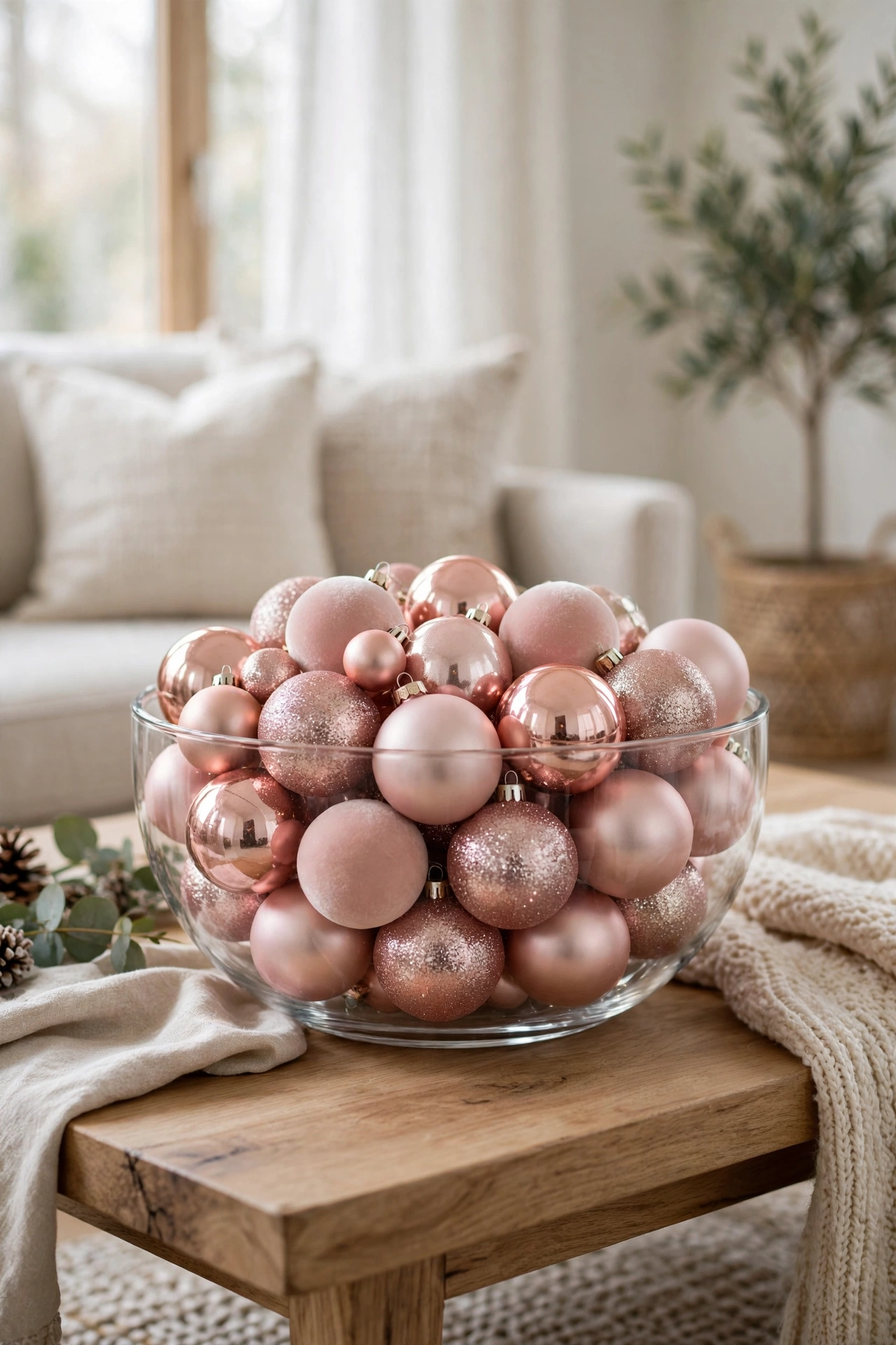 Glass bowl filled with blush pink and rose gold Christmas baubles
