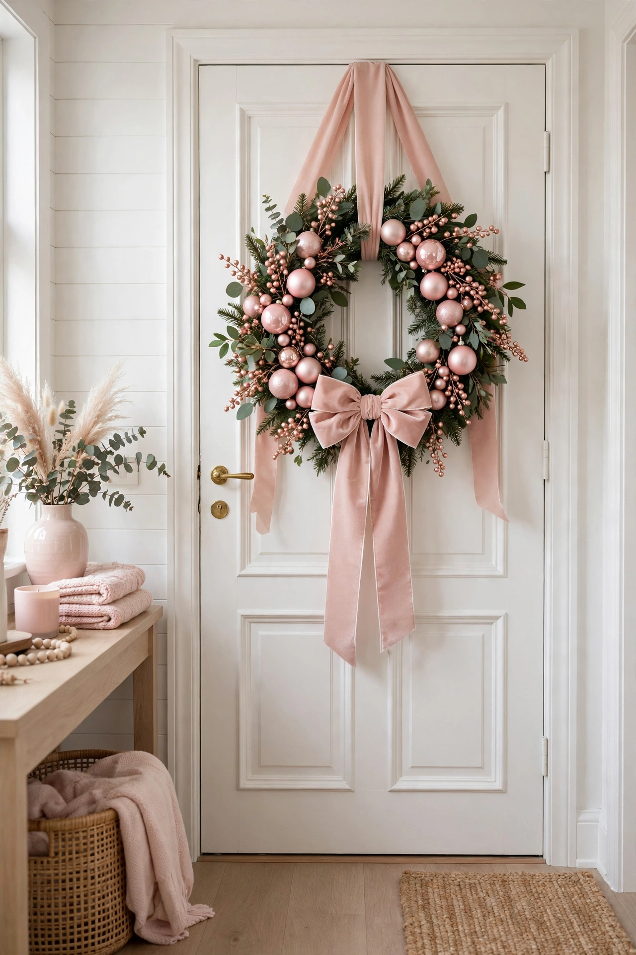 Pink Christmas wreath with blush baubles and velvet bow on a white door