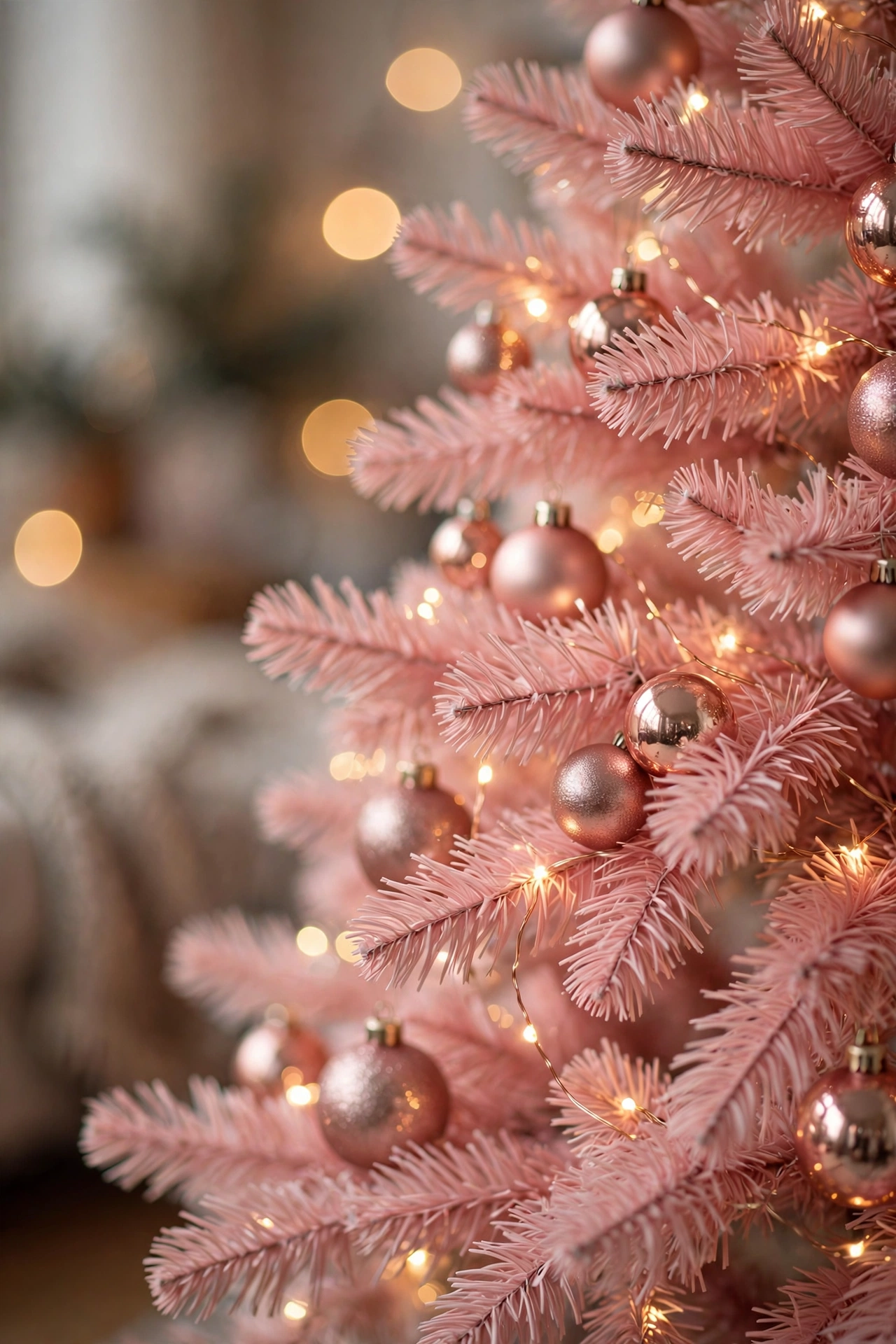 Blush pink Christmas tree with warm white lights and rose gold baubles