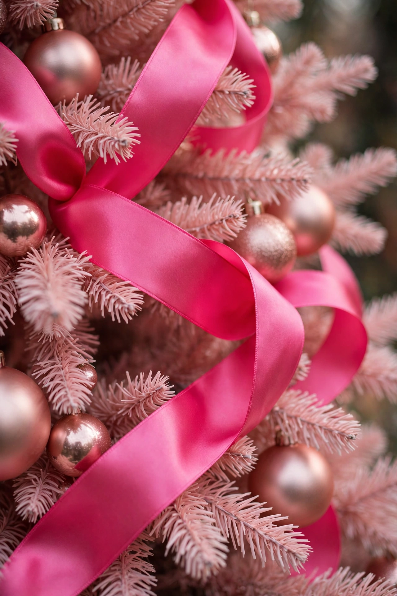 Hot pink satin ribbon woven through a blush pink Christmas tree