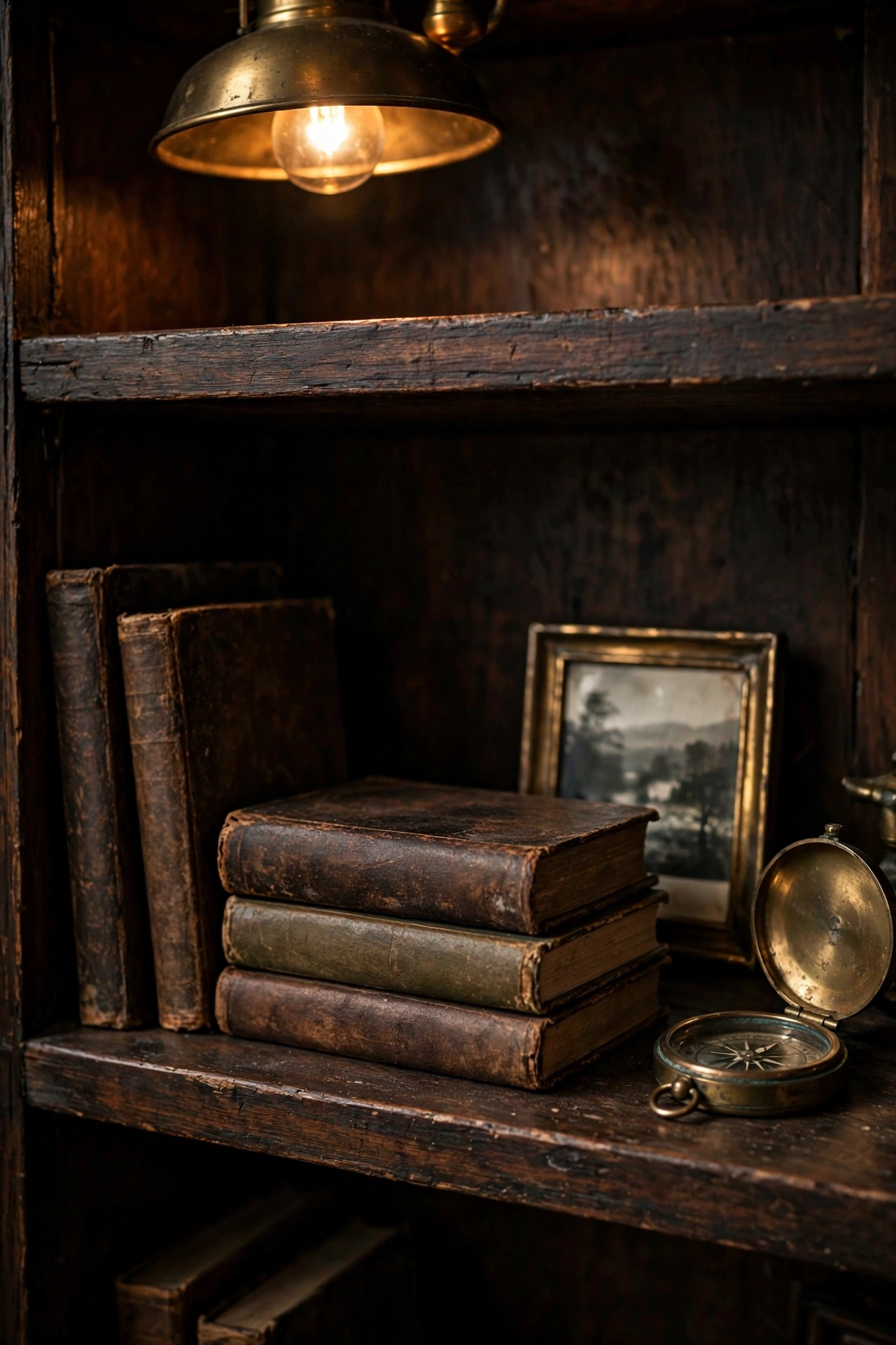 Dark wood bookshelves styled with old books, stacked volumes, and small curios