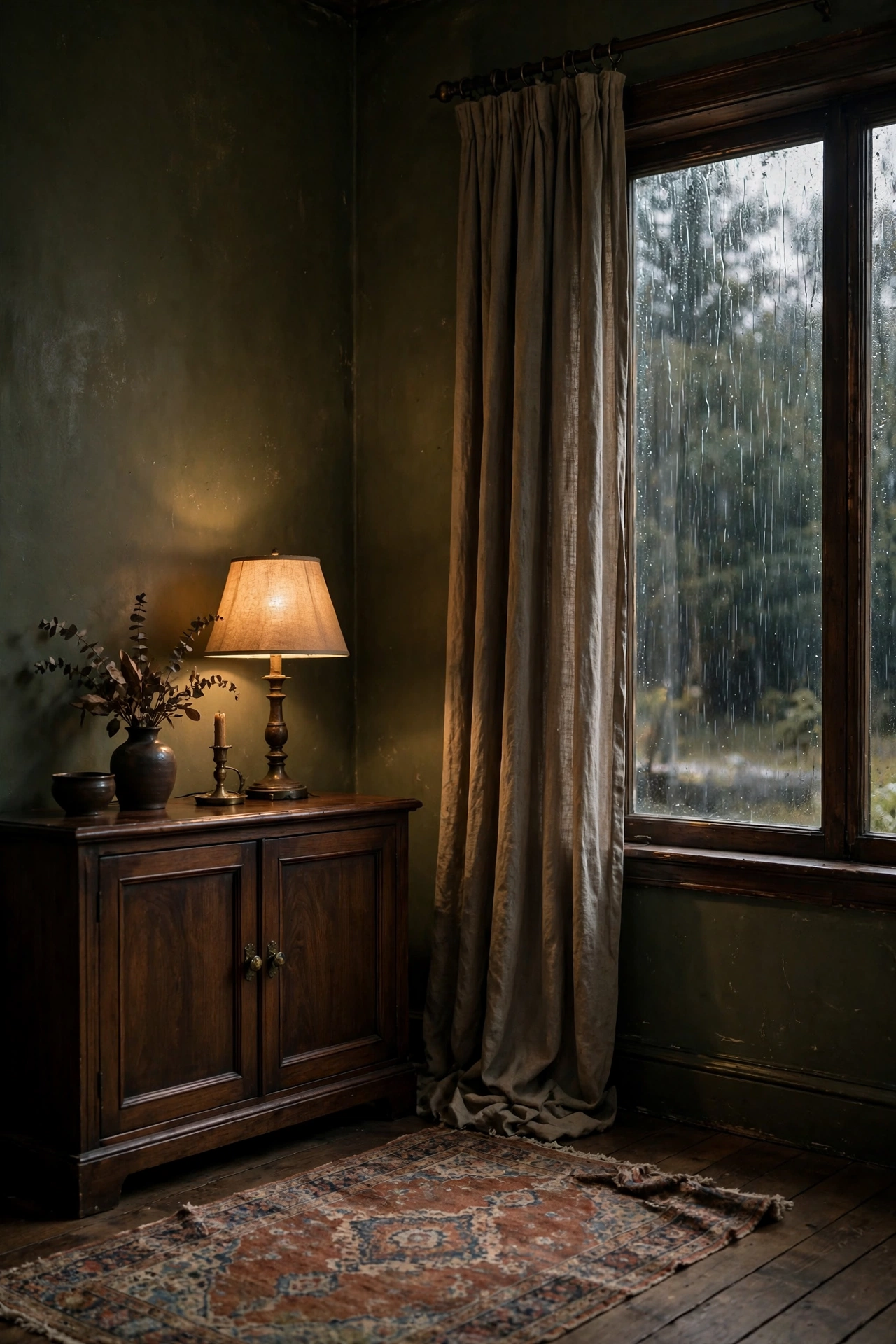 Moody olive-green walls, dark walnut wood, and heavy curtains set the poetcore backdrop