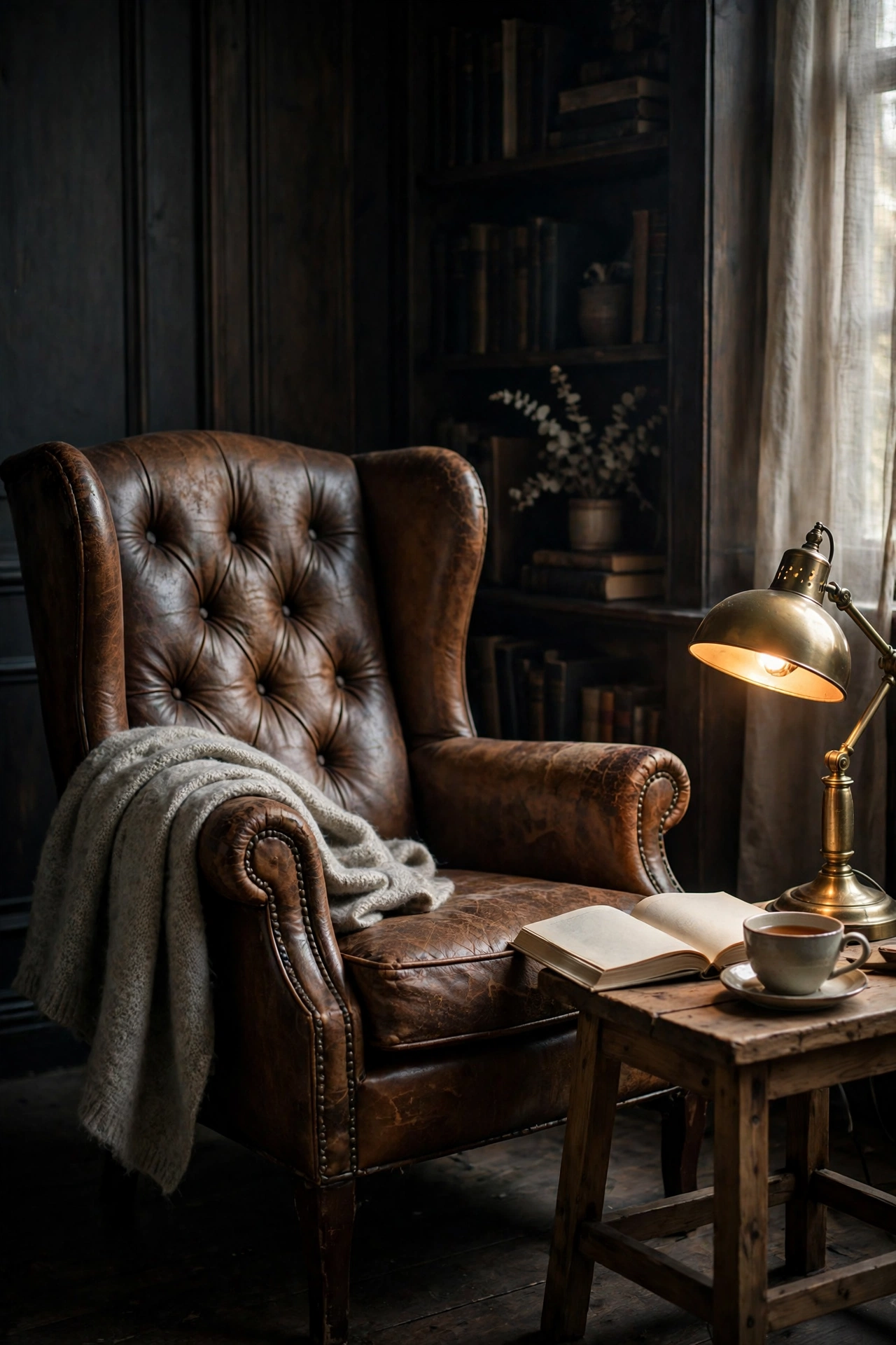 A worn leather reading chair angled into warm lamplight beside a small side table