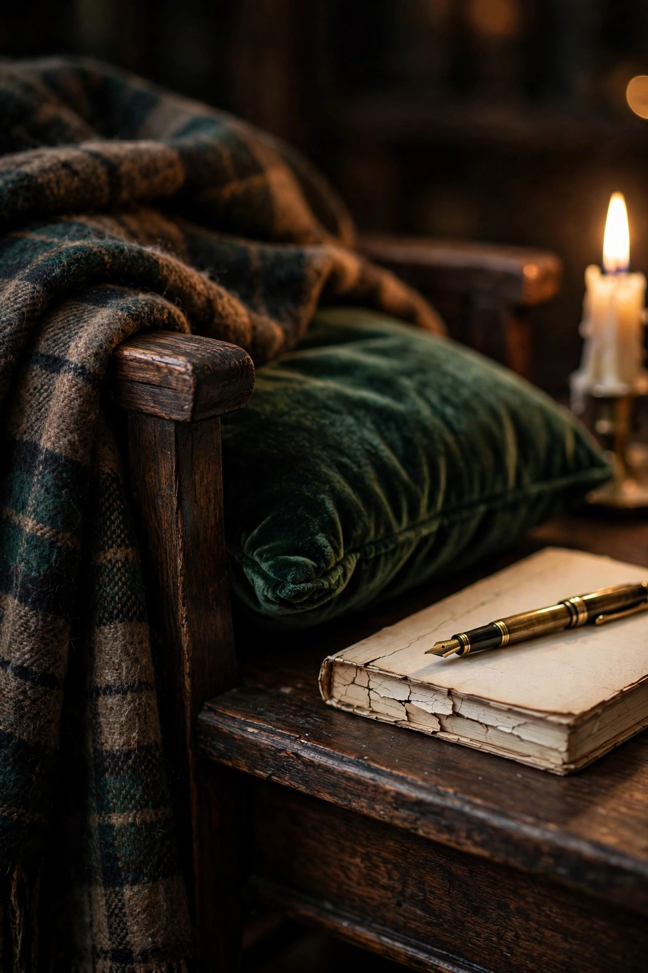 Layered textures: wool throws, velvet cushions, and cream paper tones in candlelight