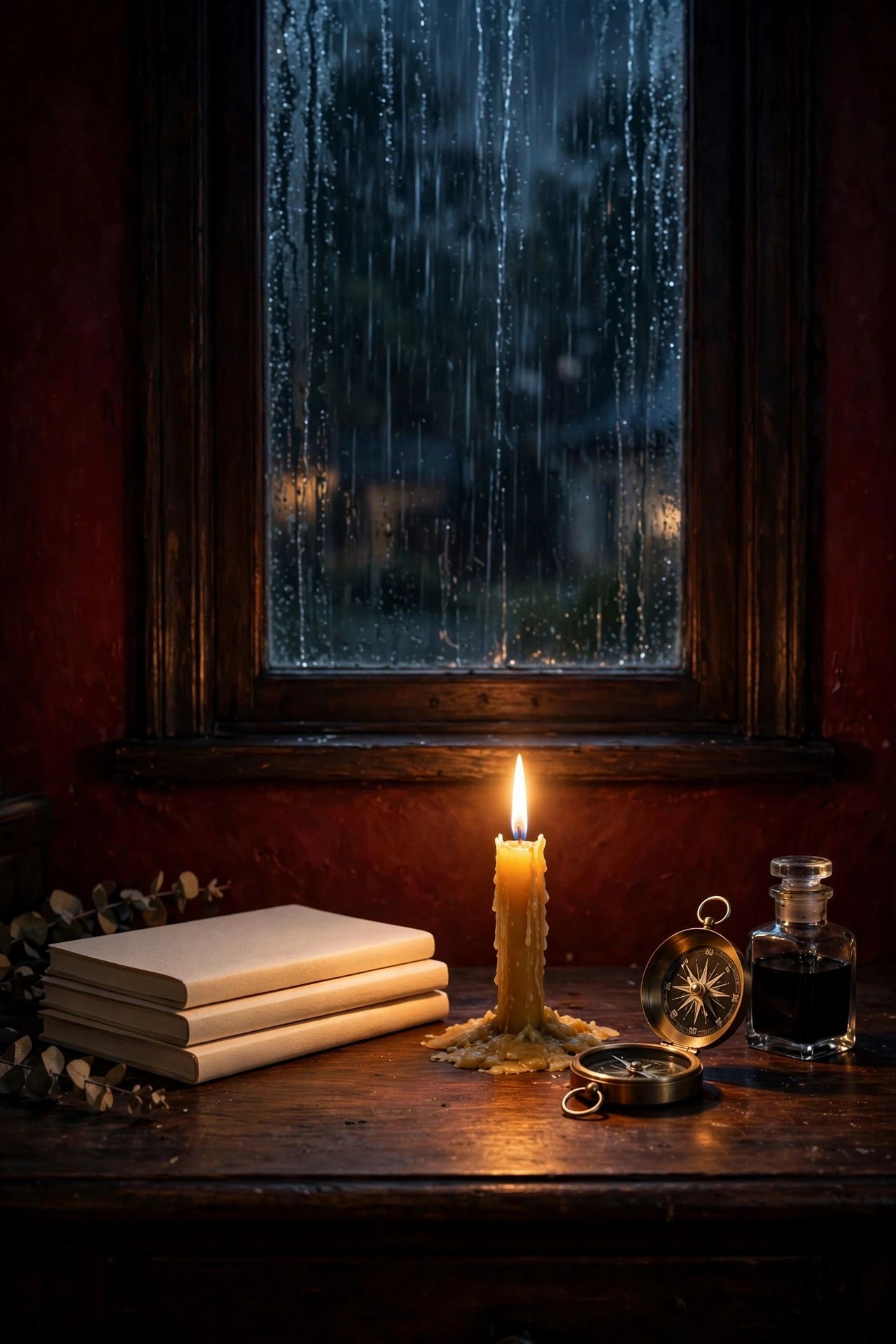 A beeswax candle on the writing desk with rain on the window behind