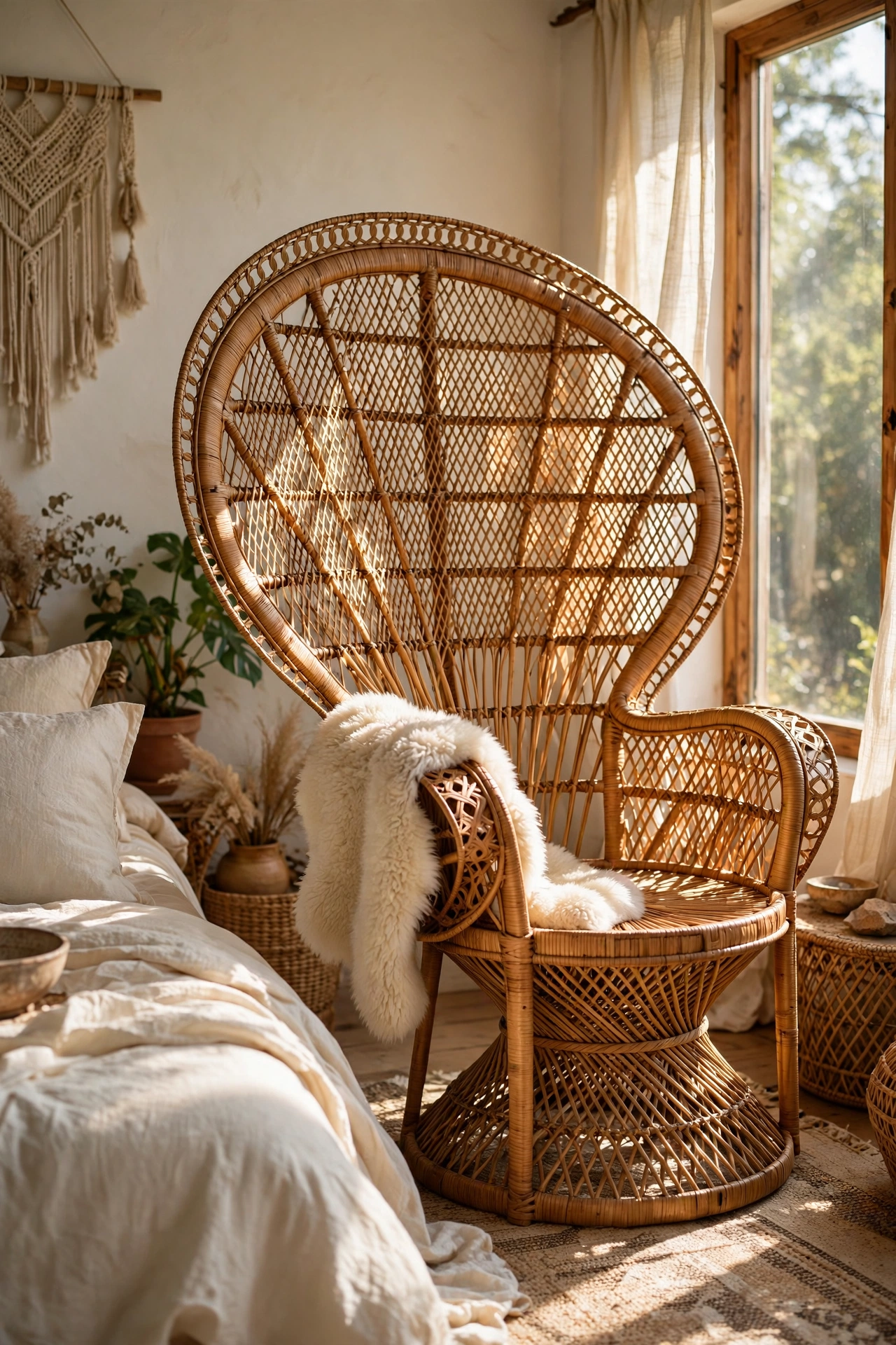 Rattan peacock chair with flared fan back in a bright bedroom corner