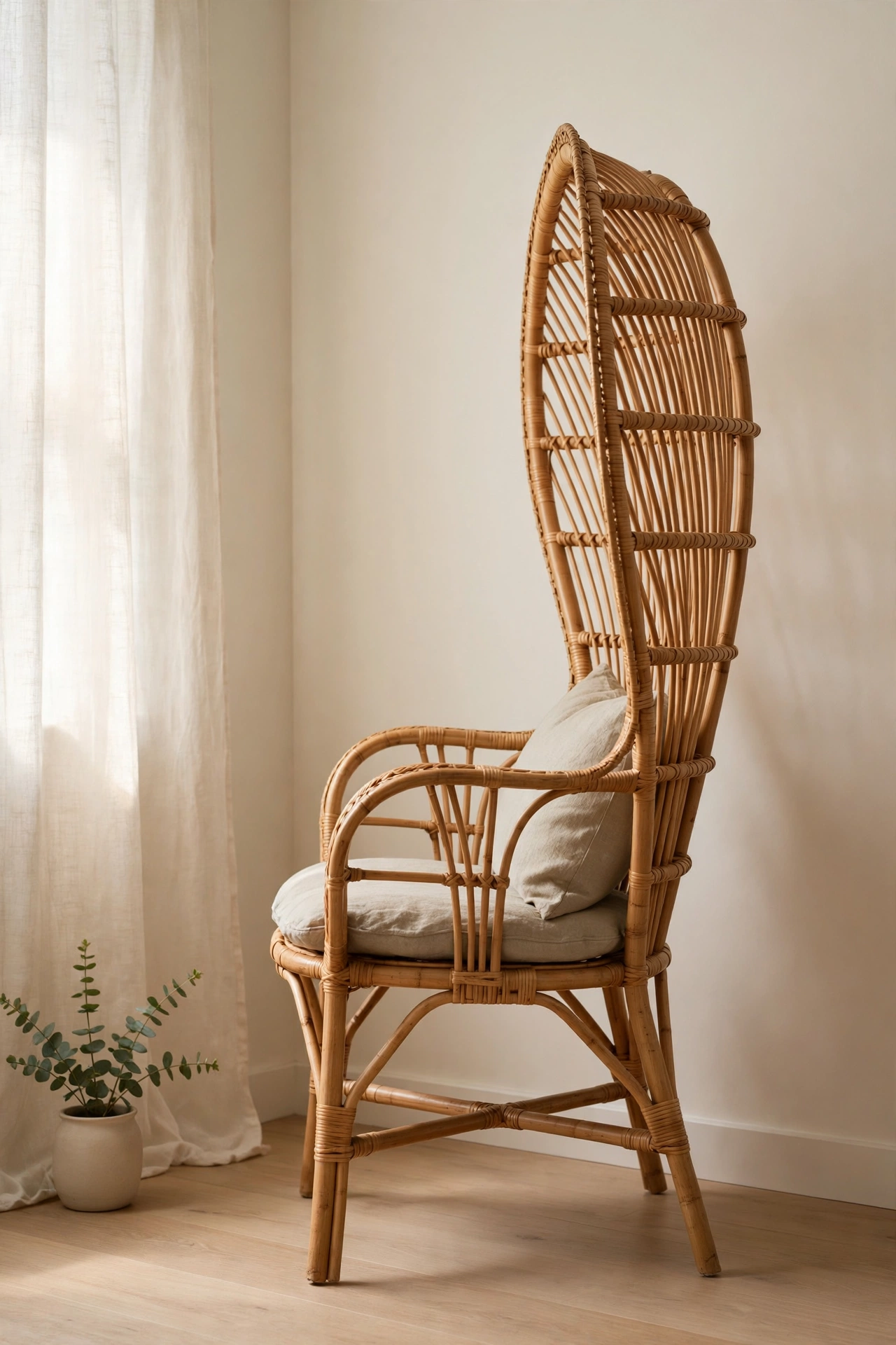 Round rattan papasan chair with thick cream cushion in a reading nook