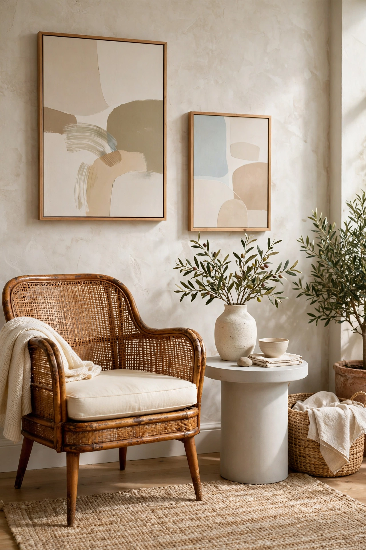 Rattan bucket chairs around a round wooden pedestal dining table