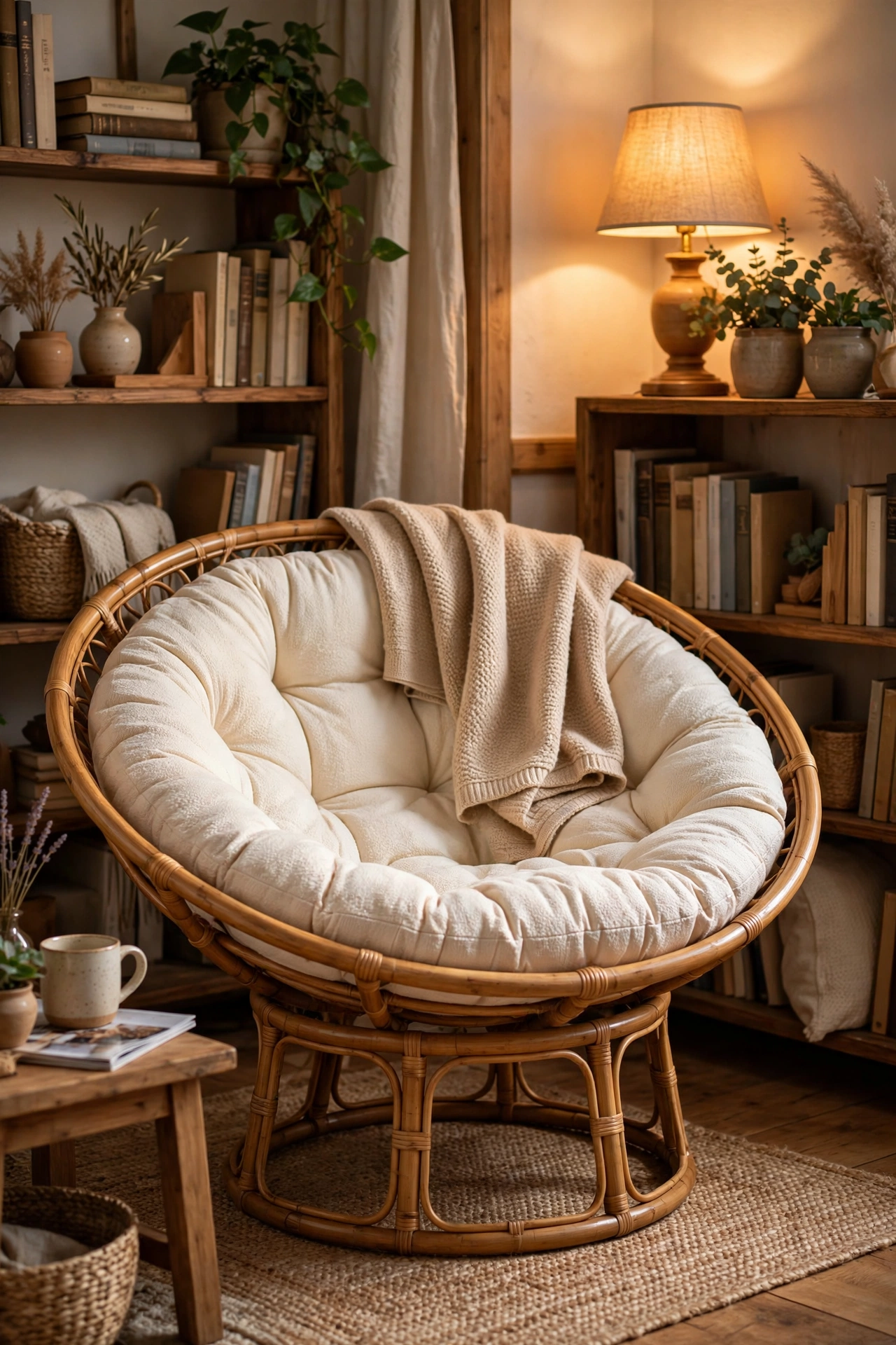 Long low rattan chaise lounger along a sunlit window