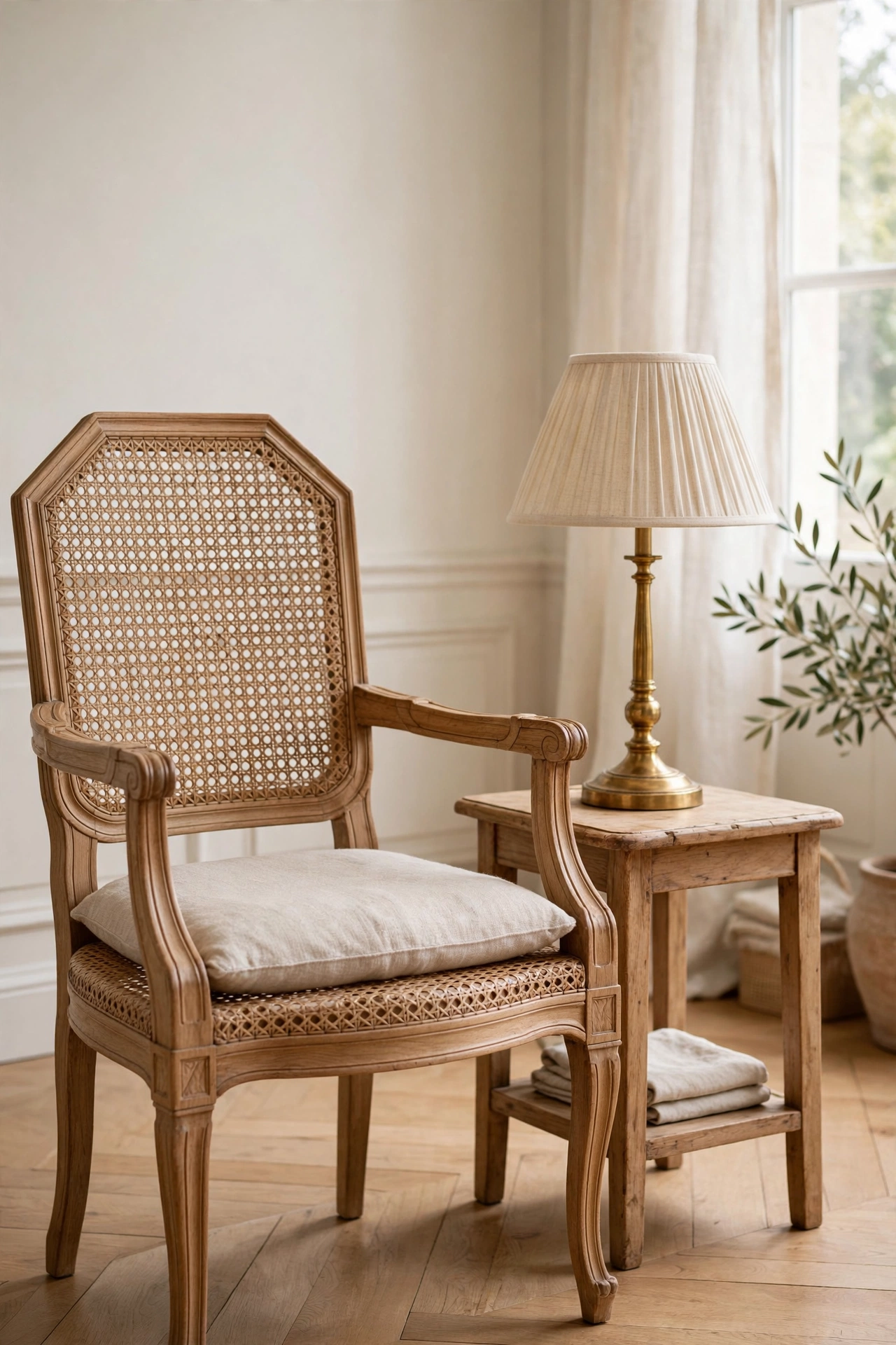 High-back rattan fan chair against a plain cream bedroom wall