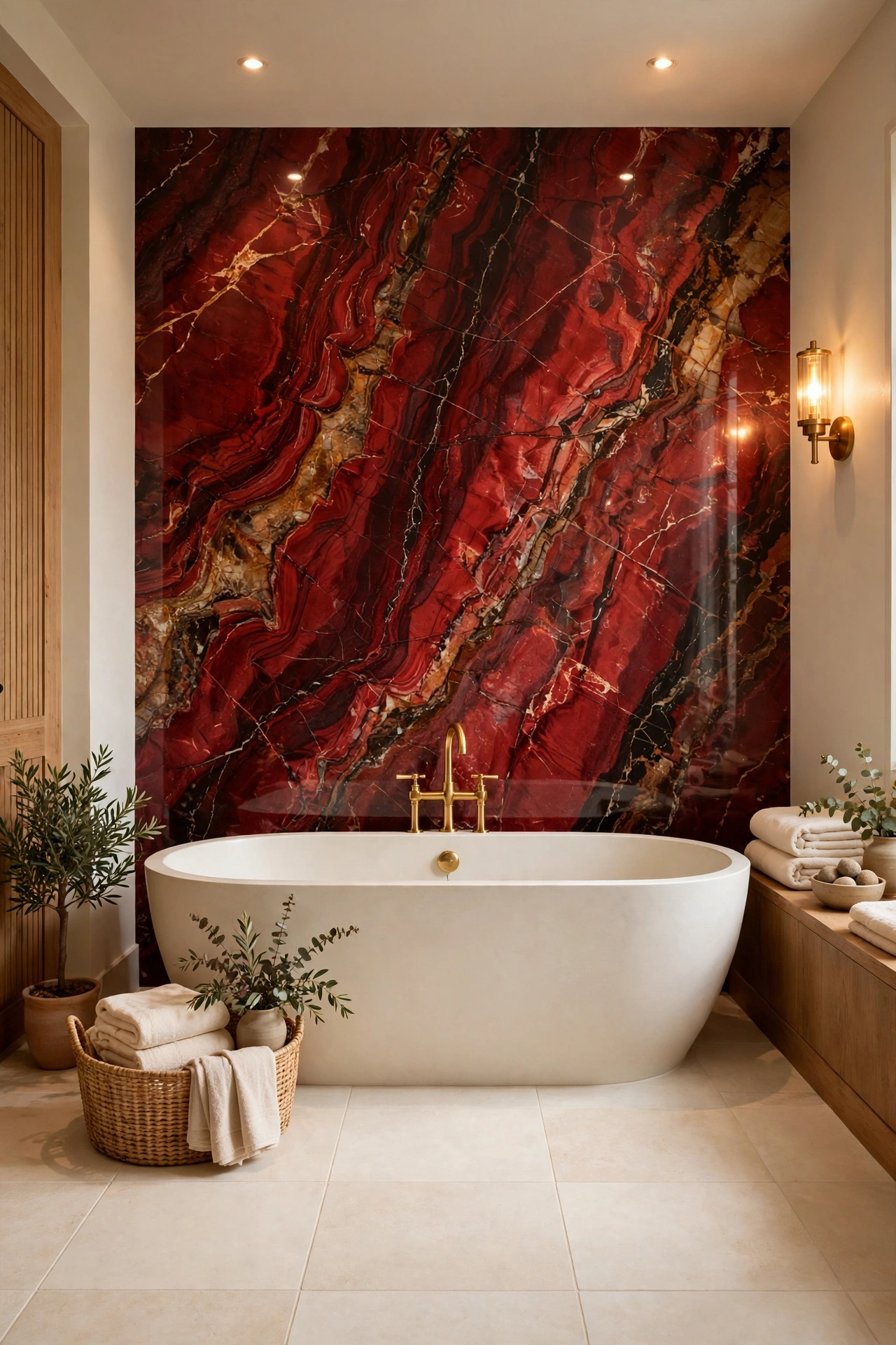 Red marble feature wall behind a freestanding bath