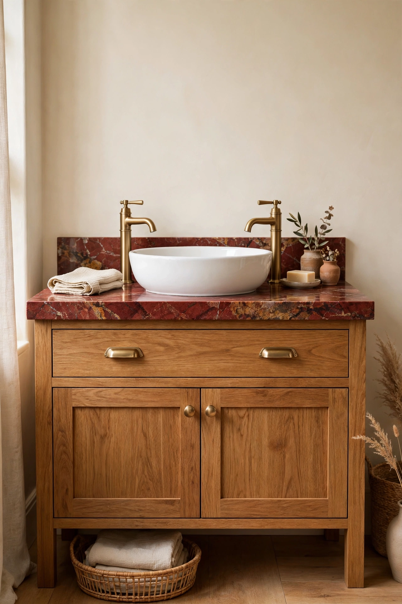 Red marble vanity top with a white vessel basin and brass taps