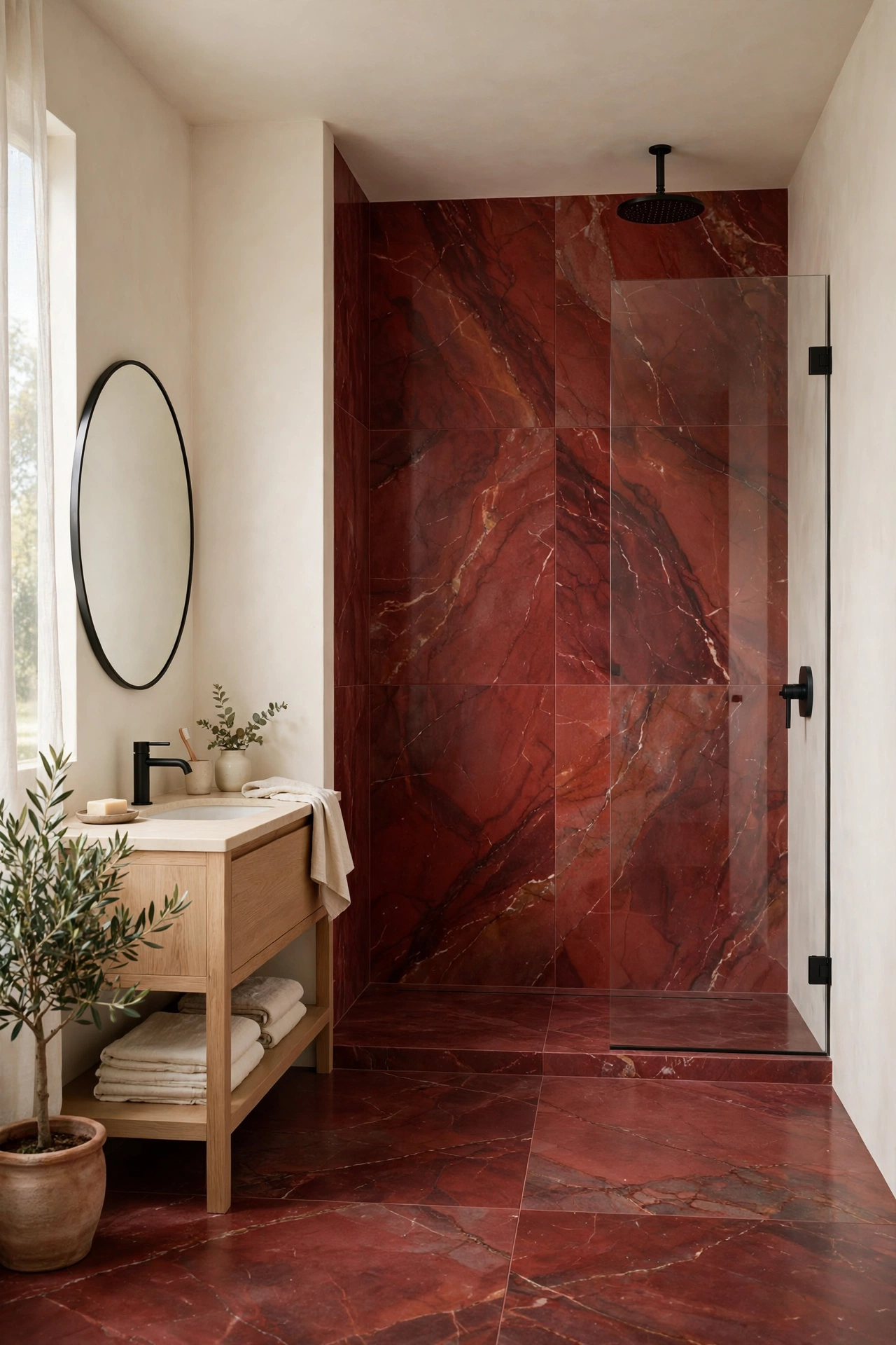 Large-format red marble tiles in a shower