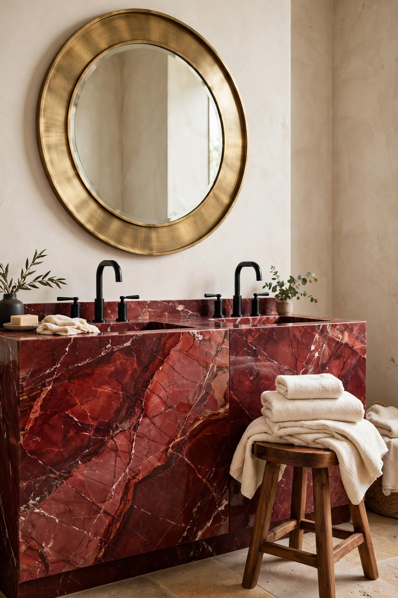Red marble paired with brushed brass and matte black fittings