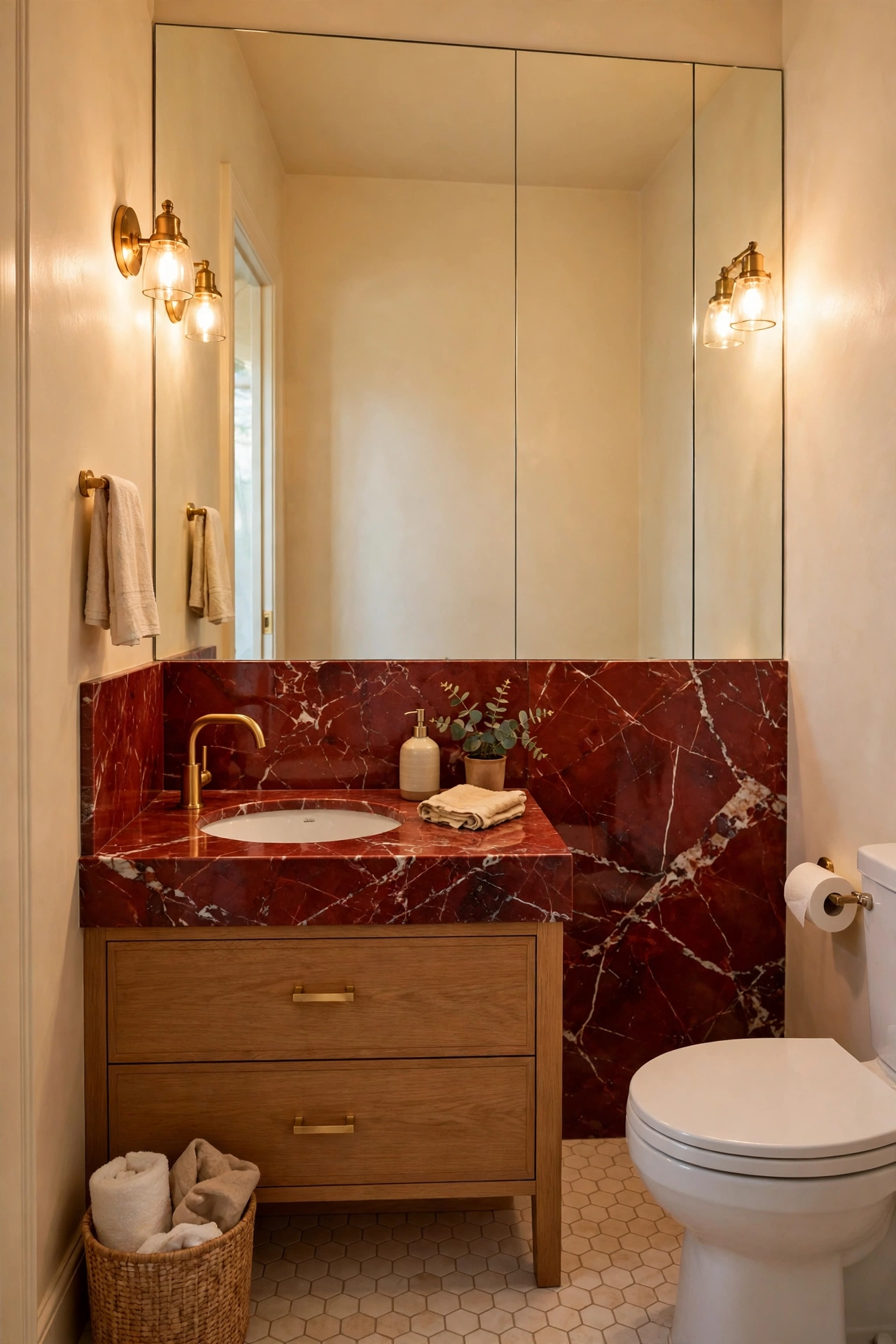 A single red marble vanity in a small bathroom
