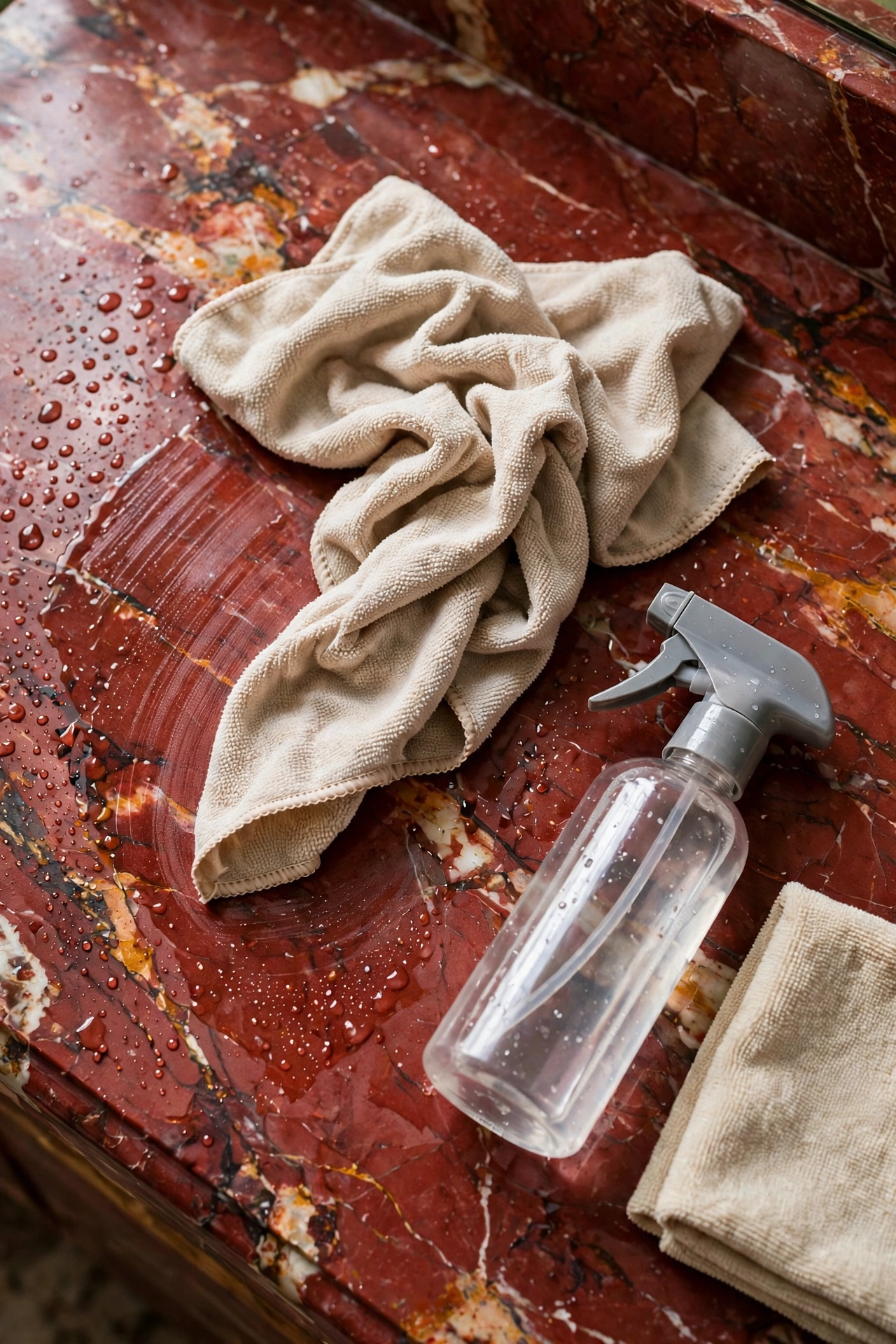 Wiping a sealed red marble vanity top clean