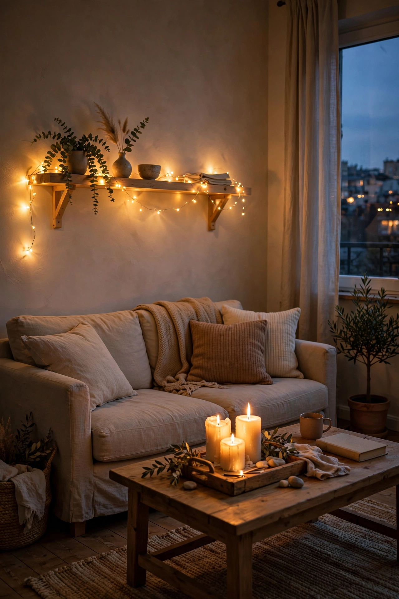 Warm fairy lights and pillar candles glowing in a small living room at dusk