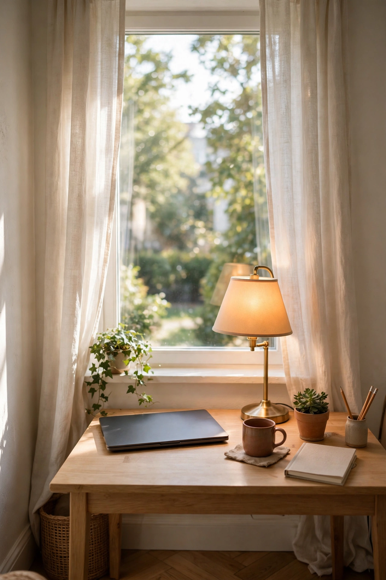 Desk facing a bright window with soft daylight and a warm lamp — the simplest video-call lighting upgrade.