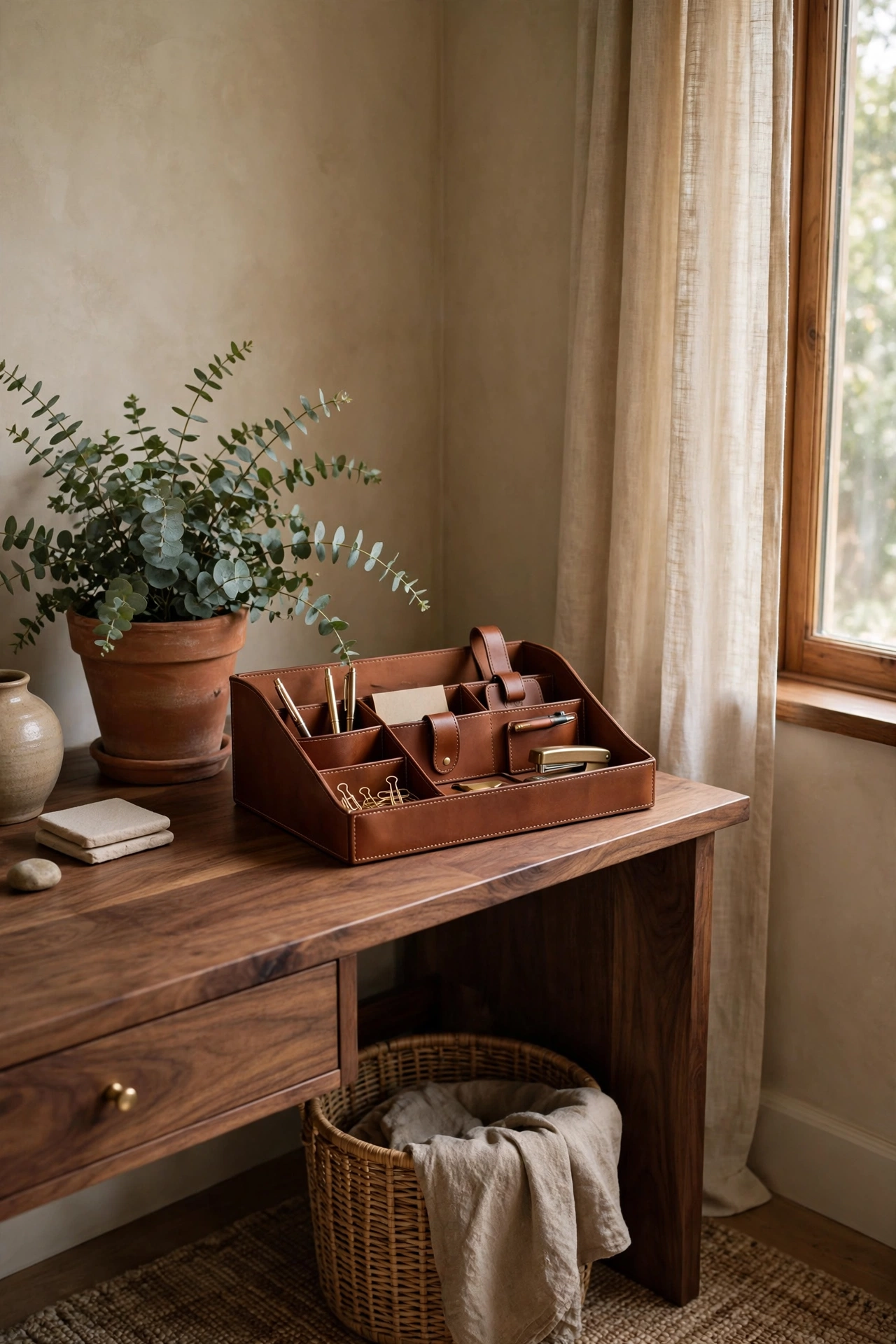 A styled wall behind the desk: one framed print, a plant, and stacked books — everything the camera needs.