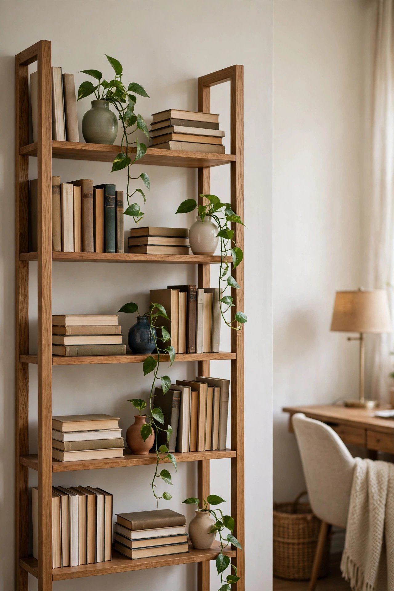 A styled bookshelf backdrop with breathing room left between the objects.