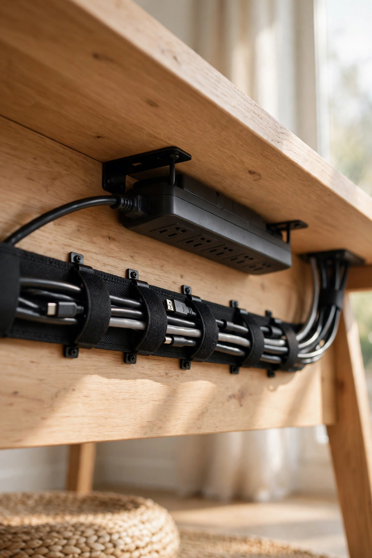 Under-desk cable management: power strip mounted and cables bundled into one clean sleeve.