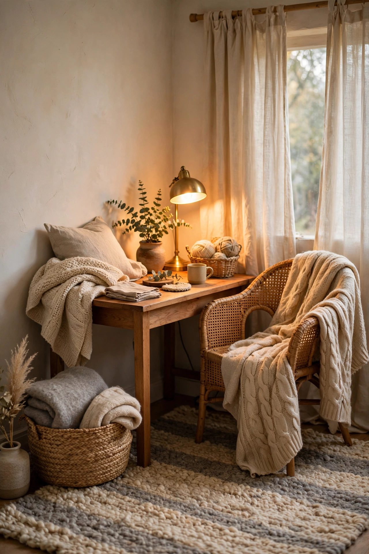 A cosy corner with rug, curtains, and warm lamp light — good for sound as well as looks.