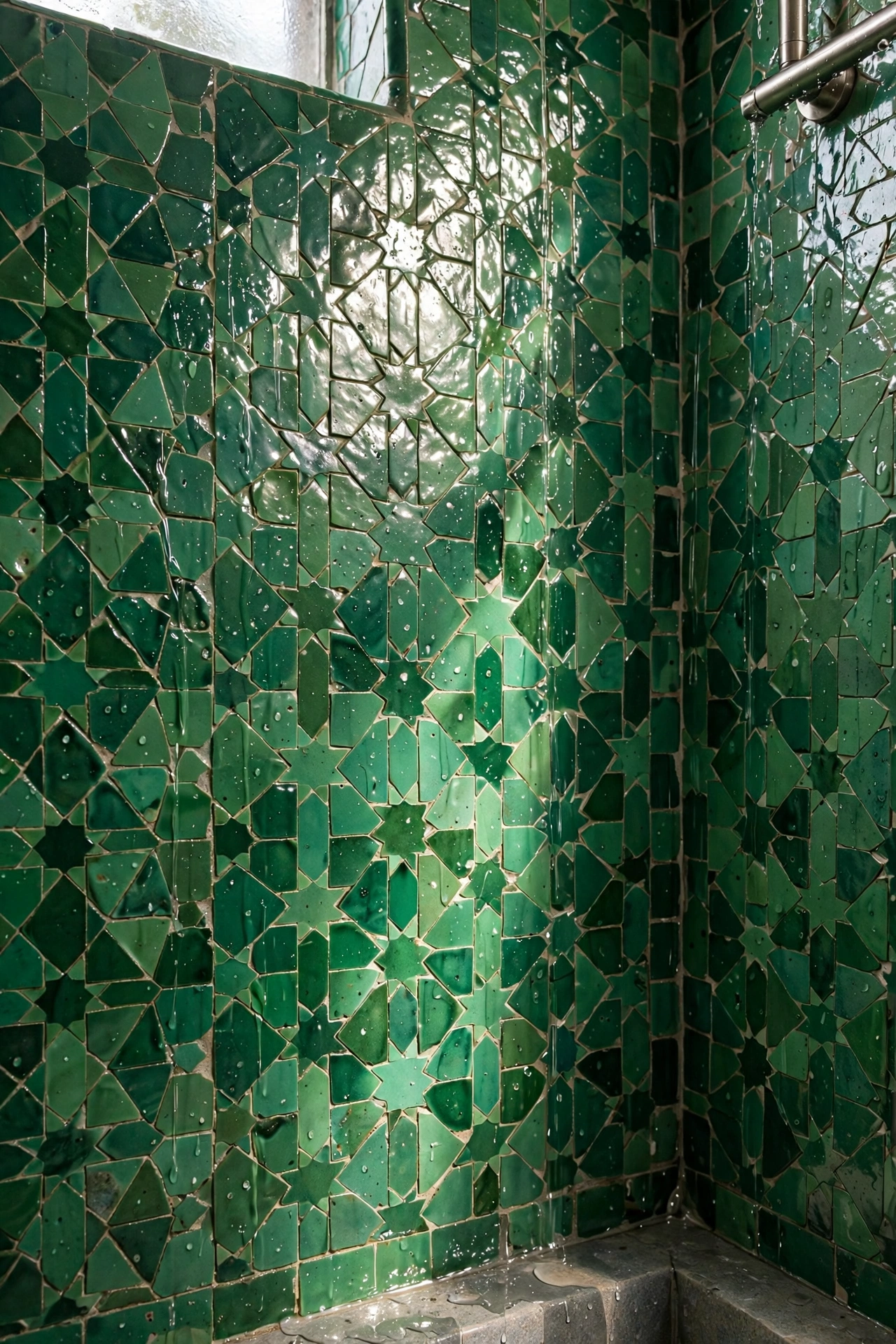 Glossy green zellige tiles on a shower wall