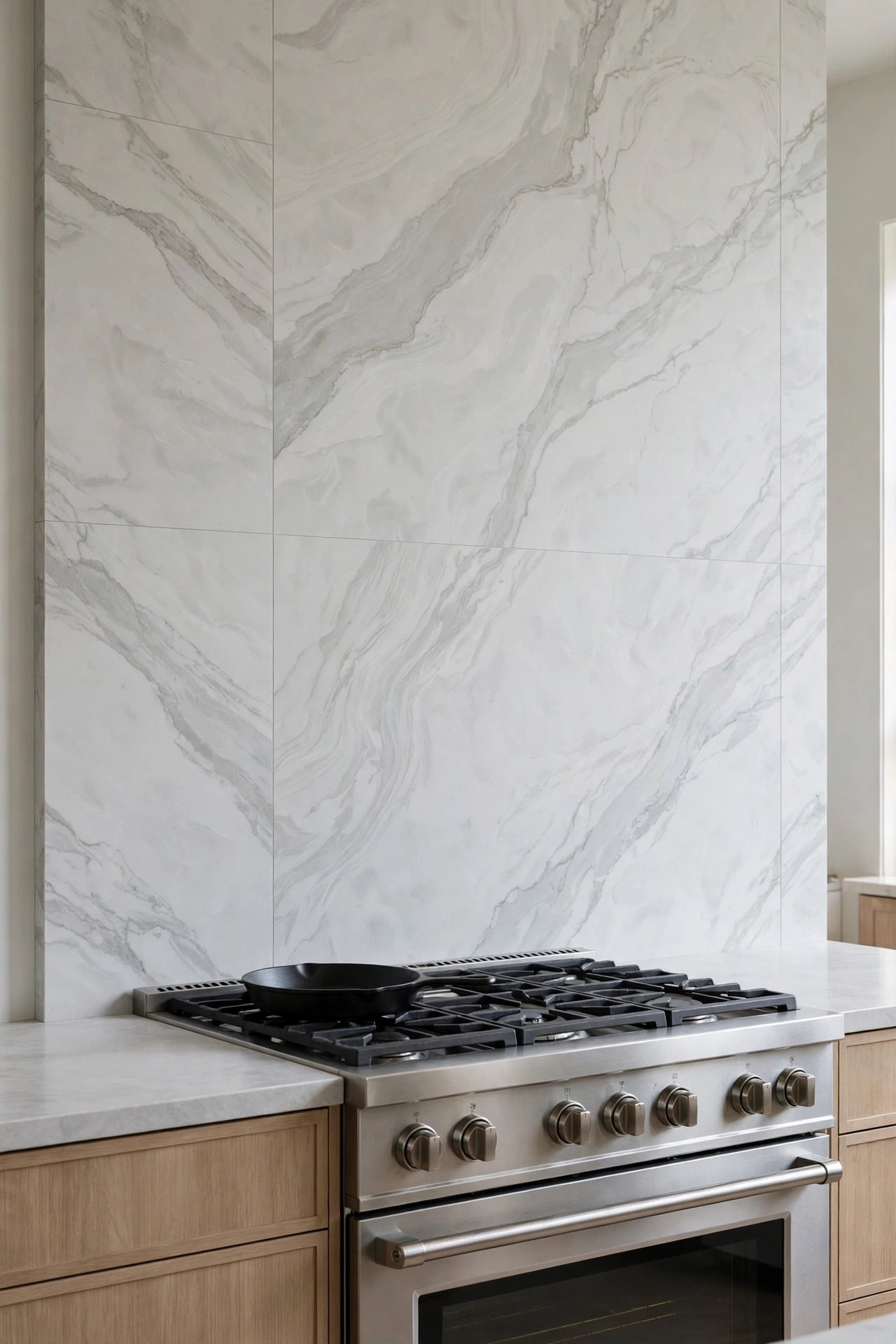 Large marble-look porcelain slab backsplash