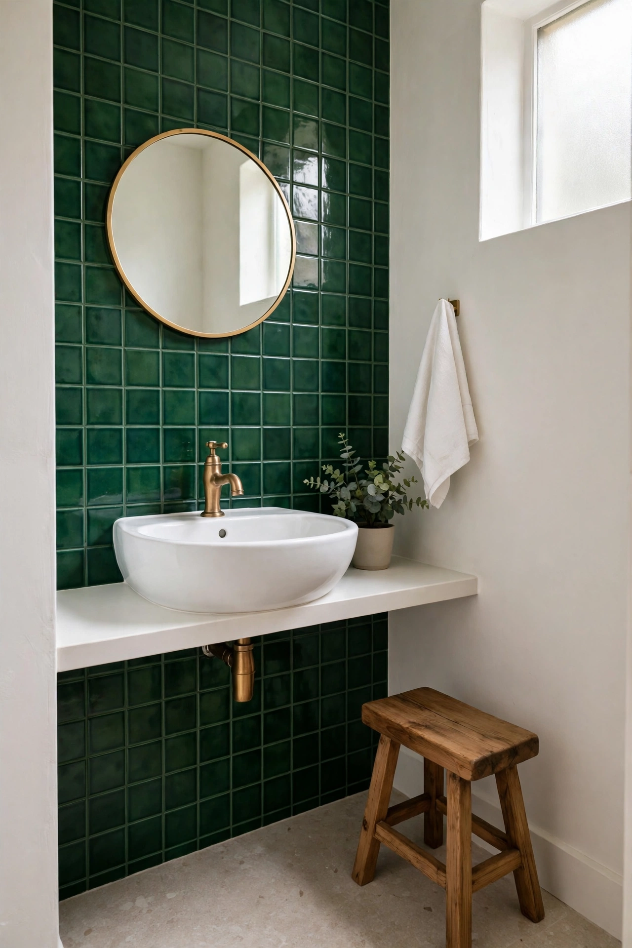 Small bathroom with a deep green tiled feature wall