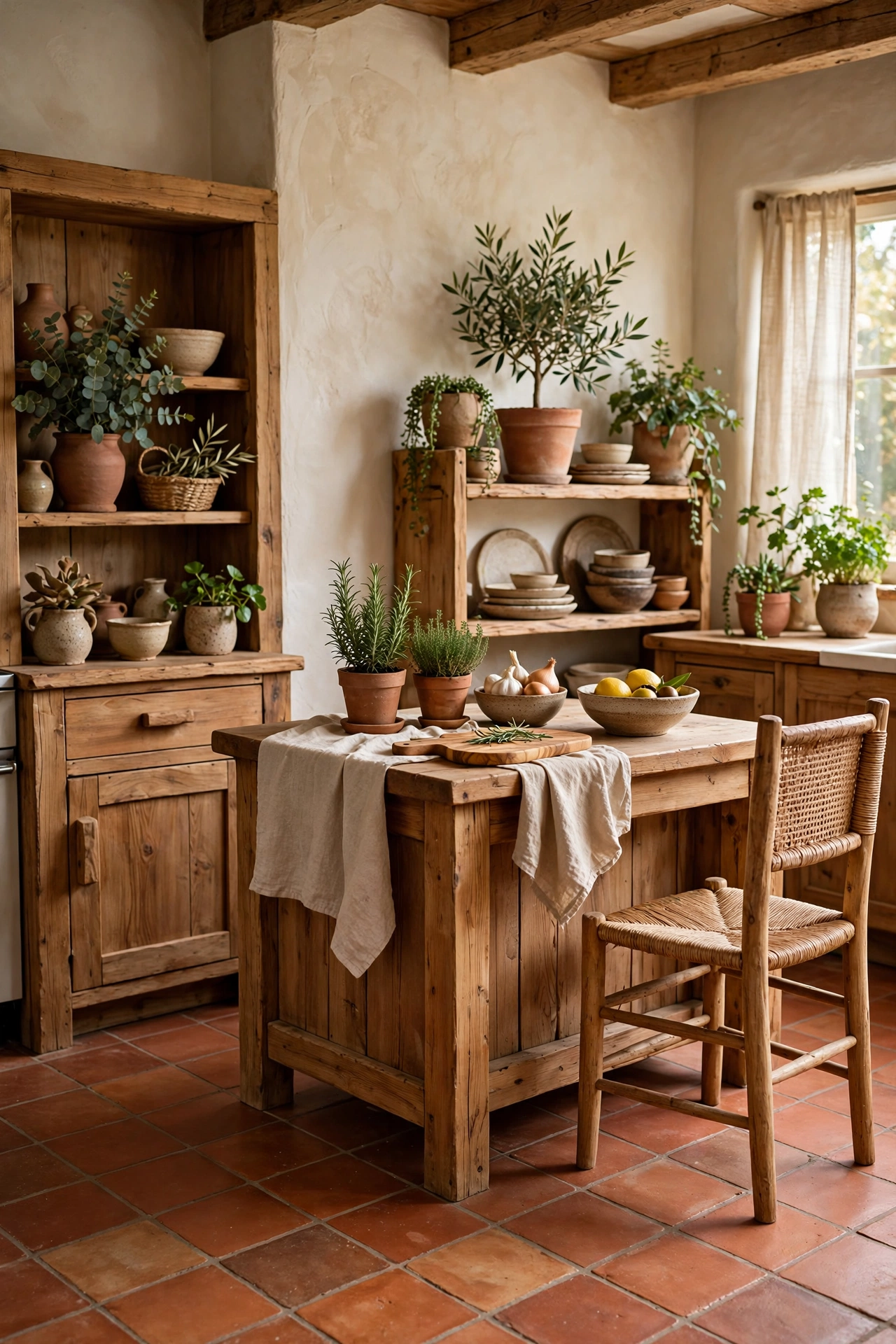 Warm terracotta floor tiles in a cosy kitchen