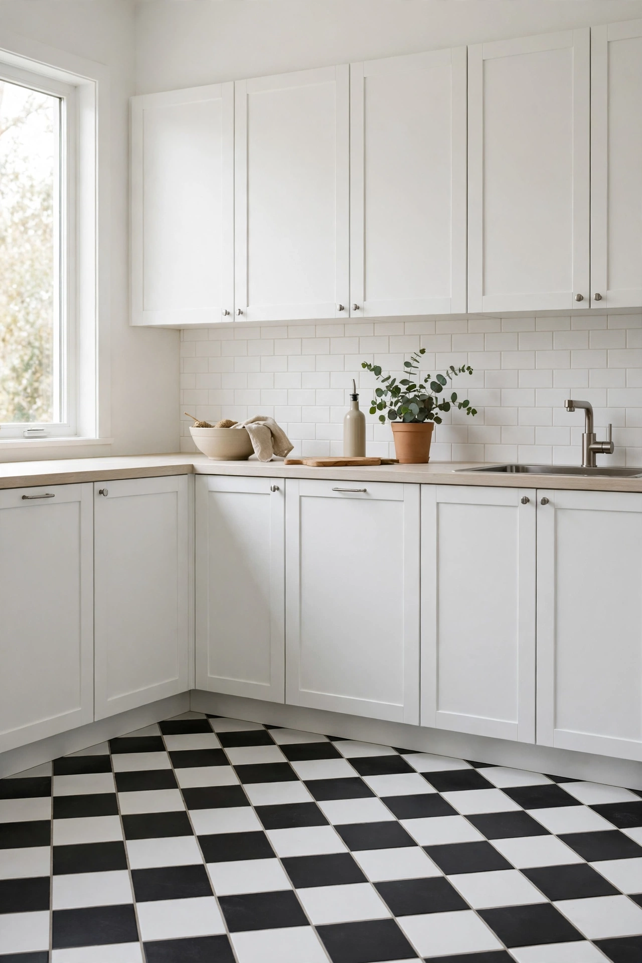 Black and white checkerboard tile kitchen floor
