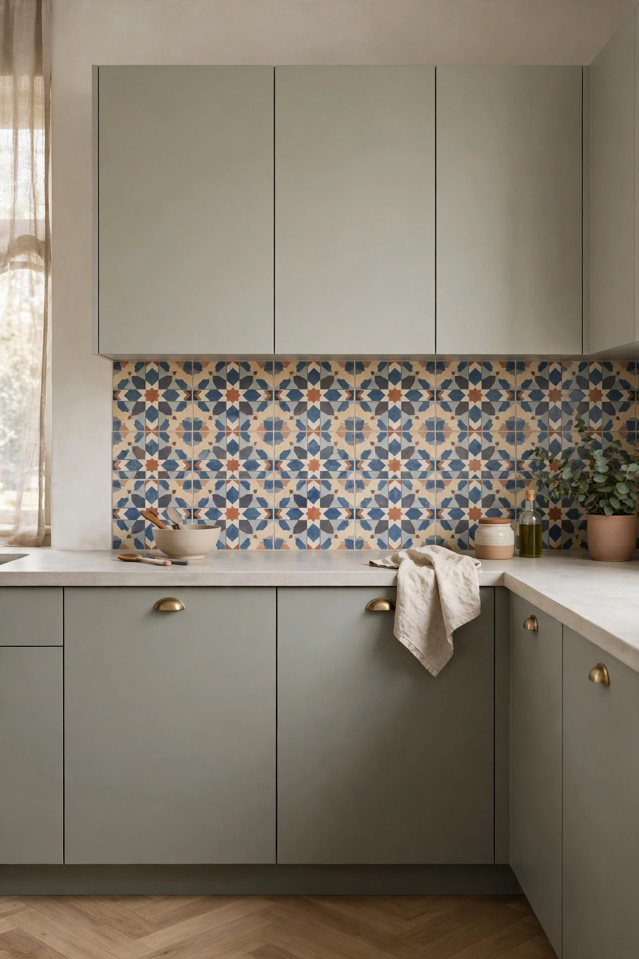 Bold patterned tile backsplash with calm matte cabinets
