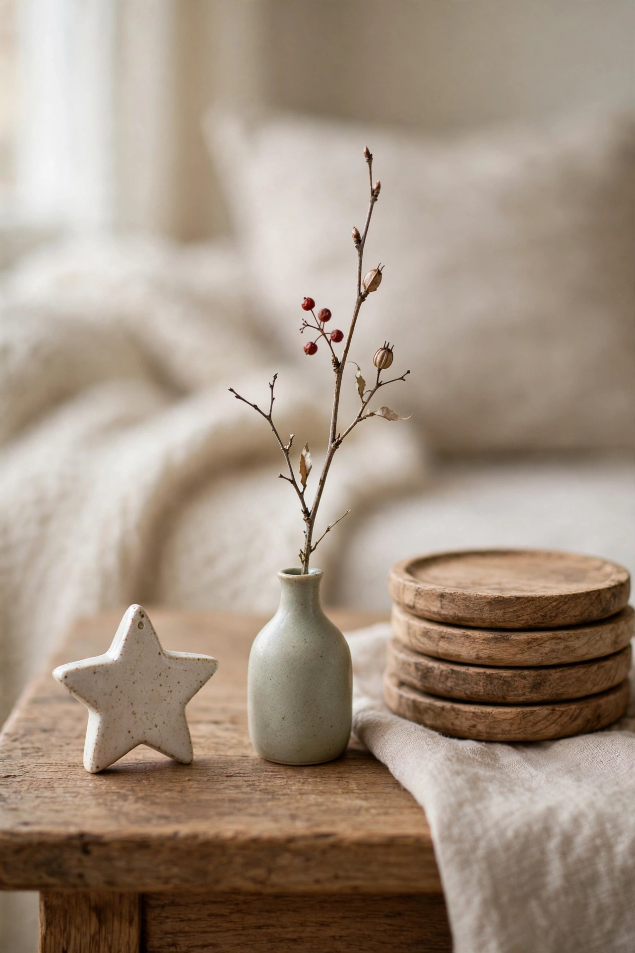 A small ornament, bud vase and coasters for the home