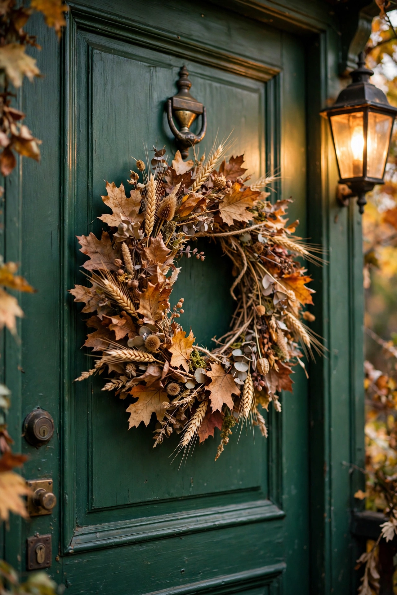 Deep green door with a dried-leaf and wheat wreath