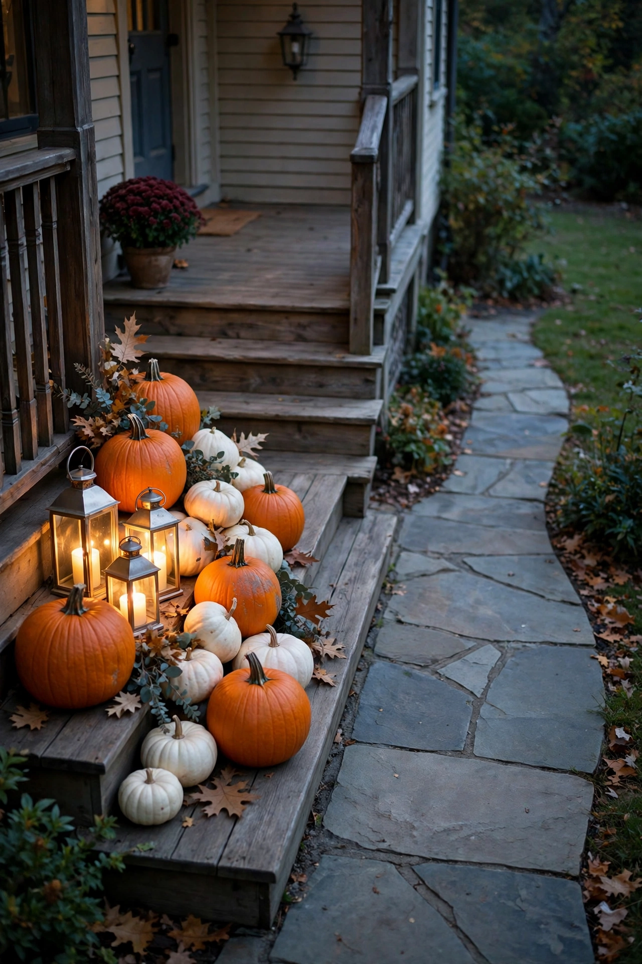 Pumpkins, gourds and lanterns layered on porch steps