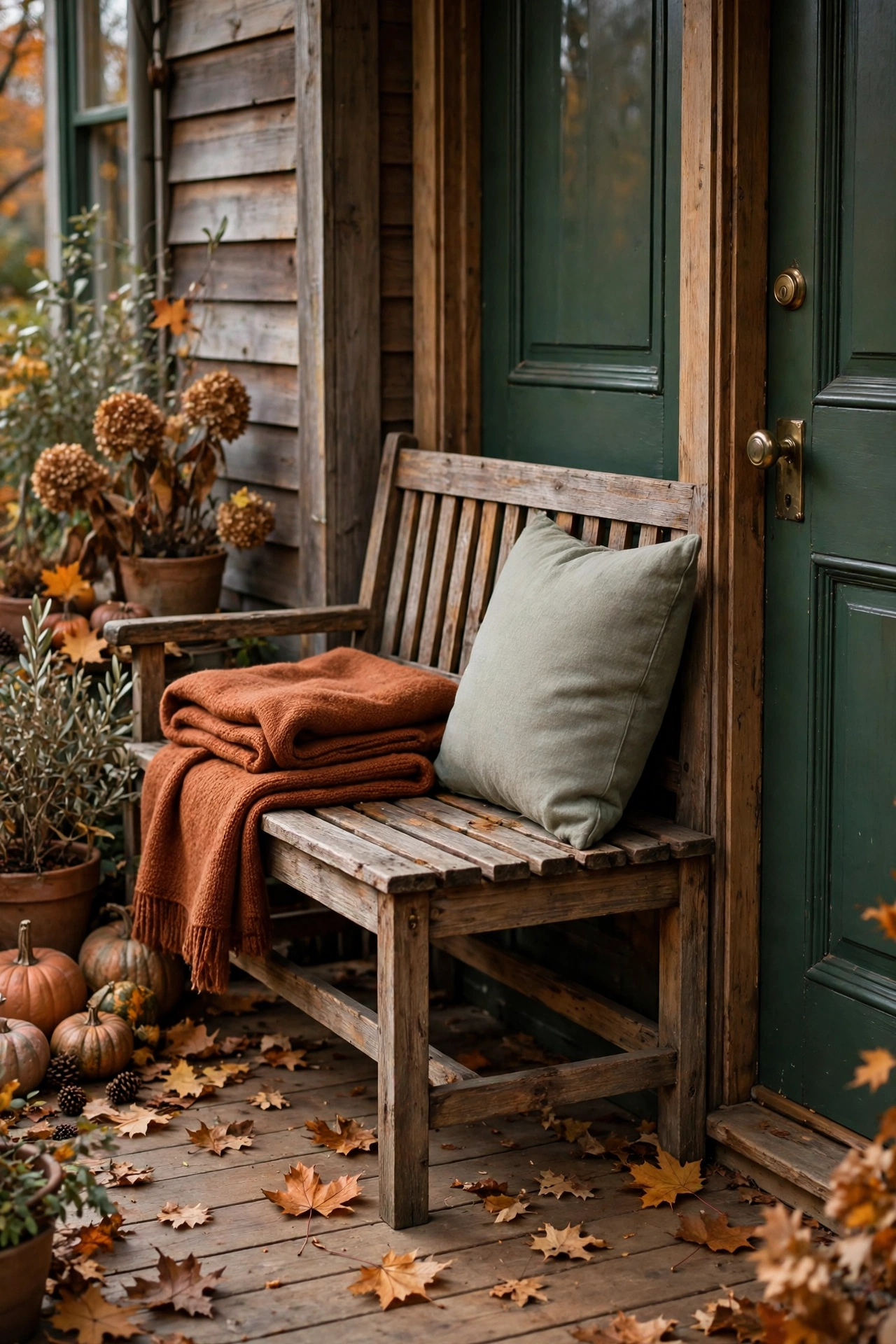 Wooden bench with a folded rust wool throw by the door