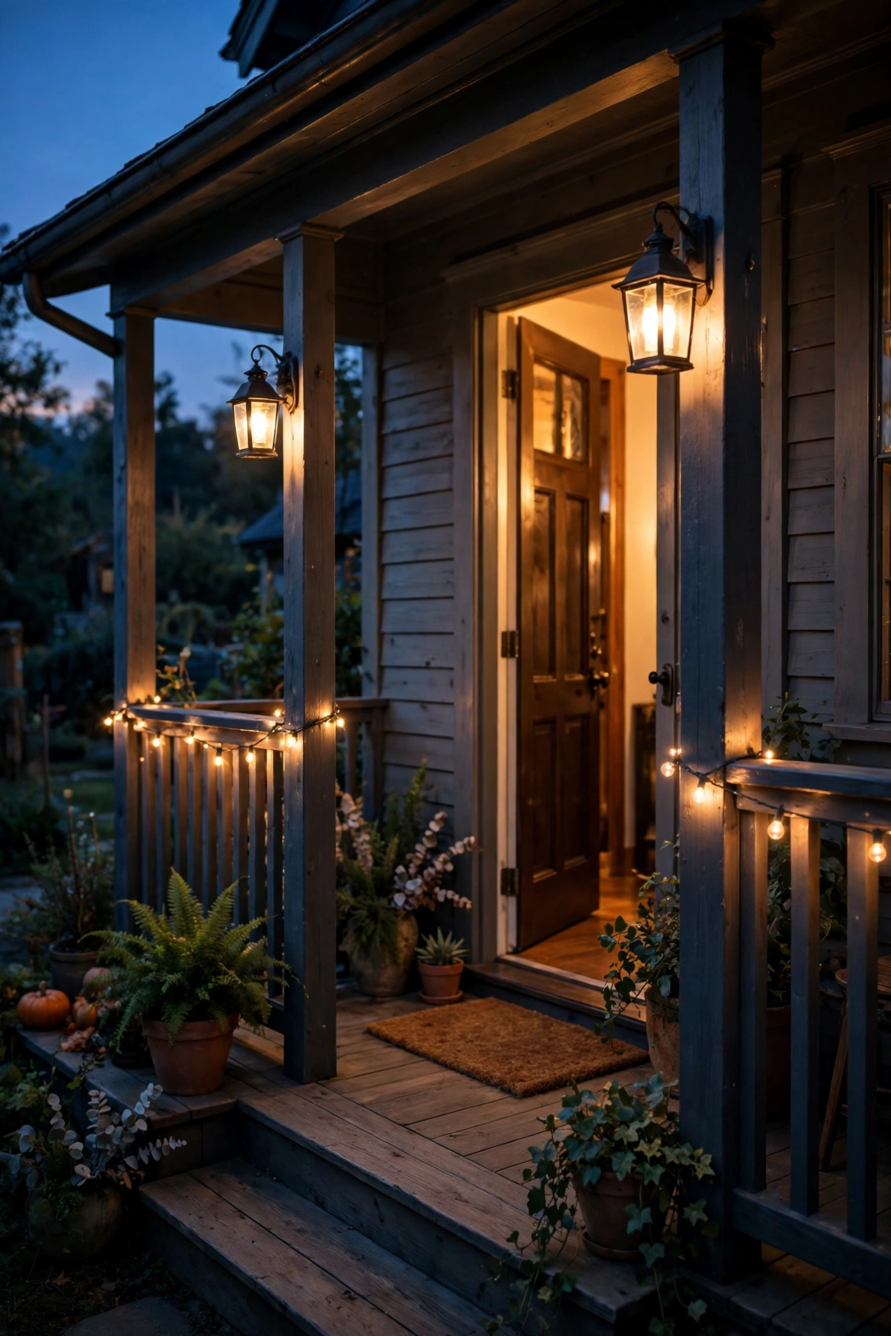 Warm lanterns lighting the porch at dusk