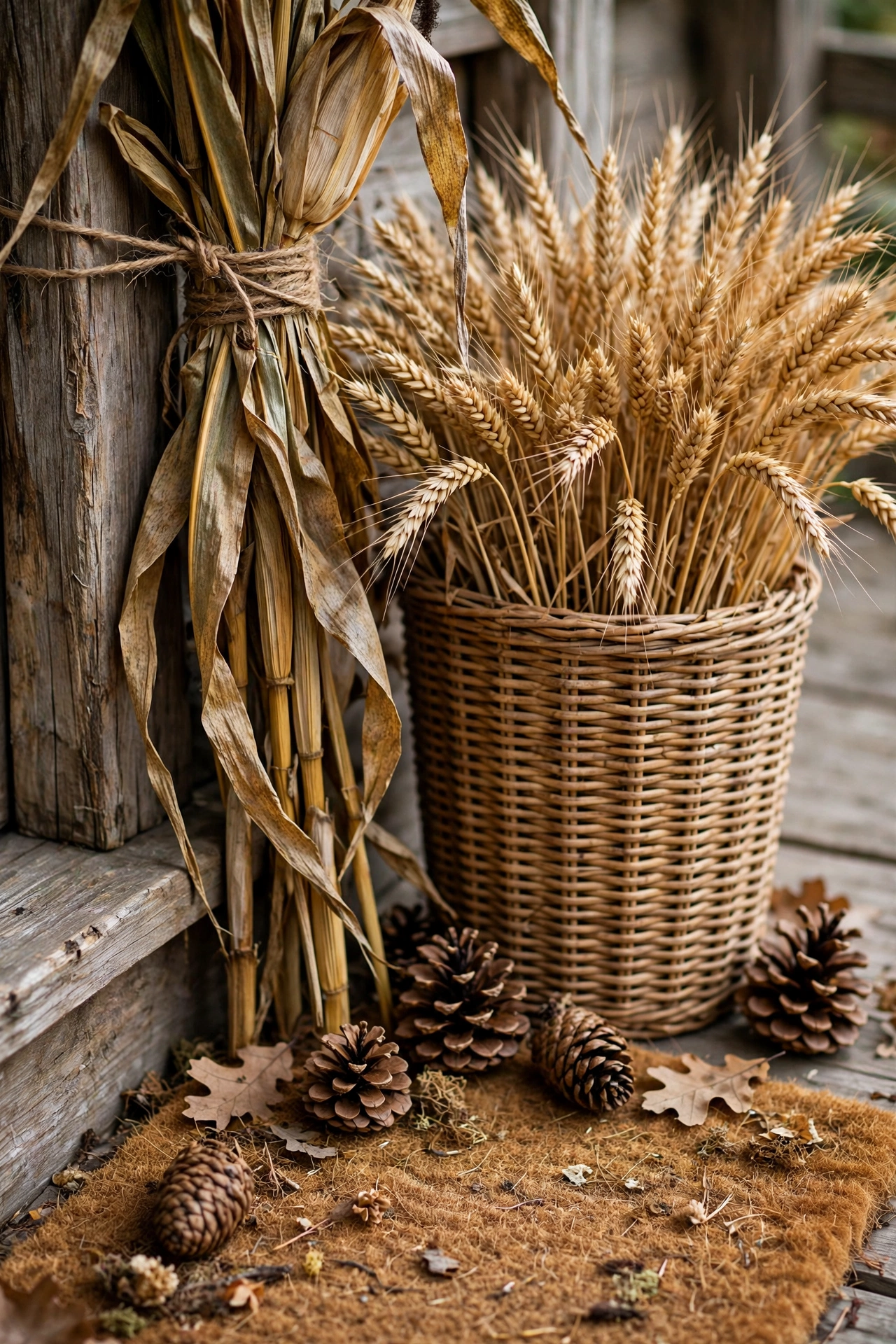 Dried corn stalks, wheat and pinecones by the porch post
