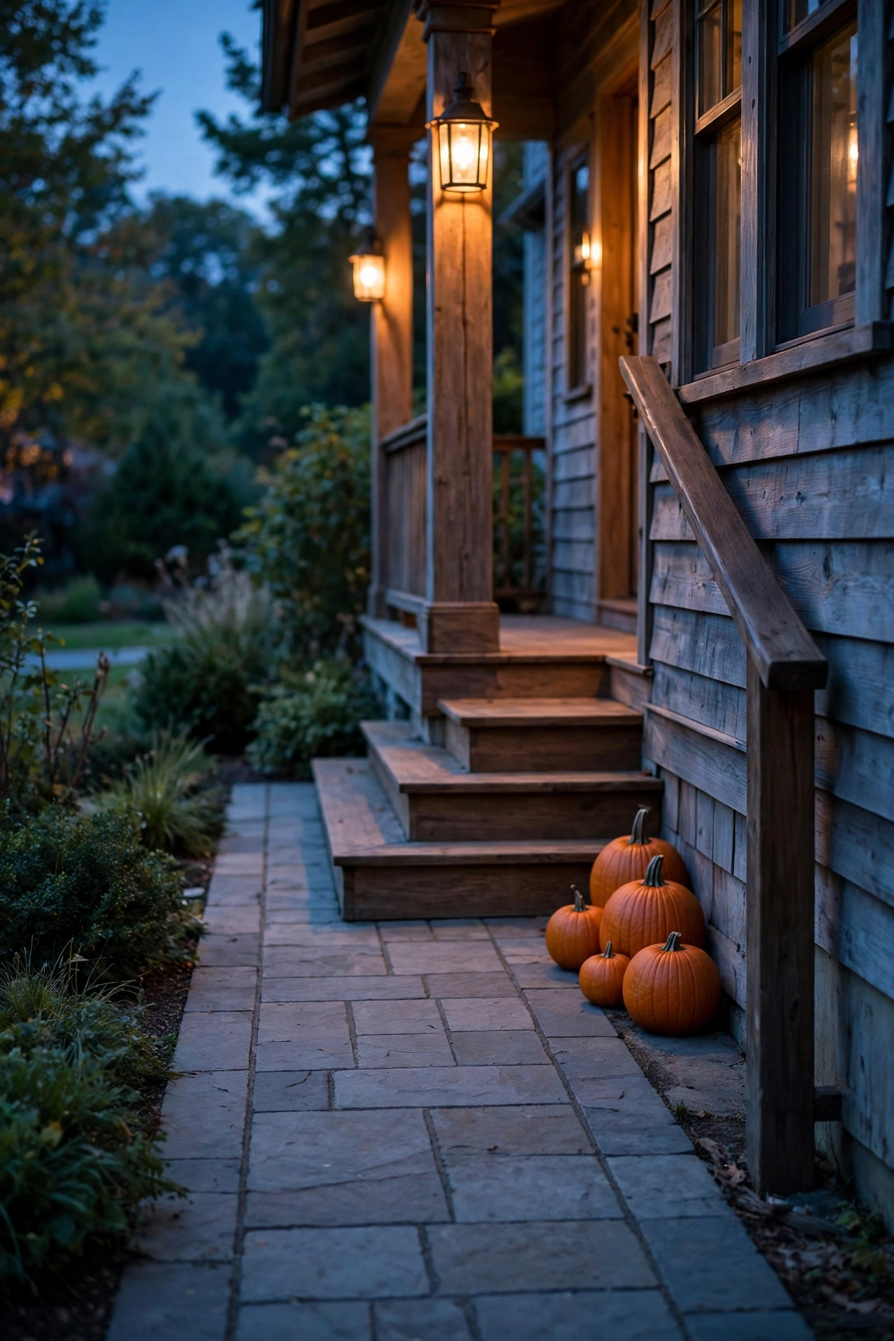 Clear, swept walkway lit by lanterns