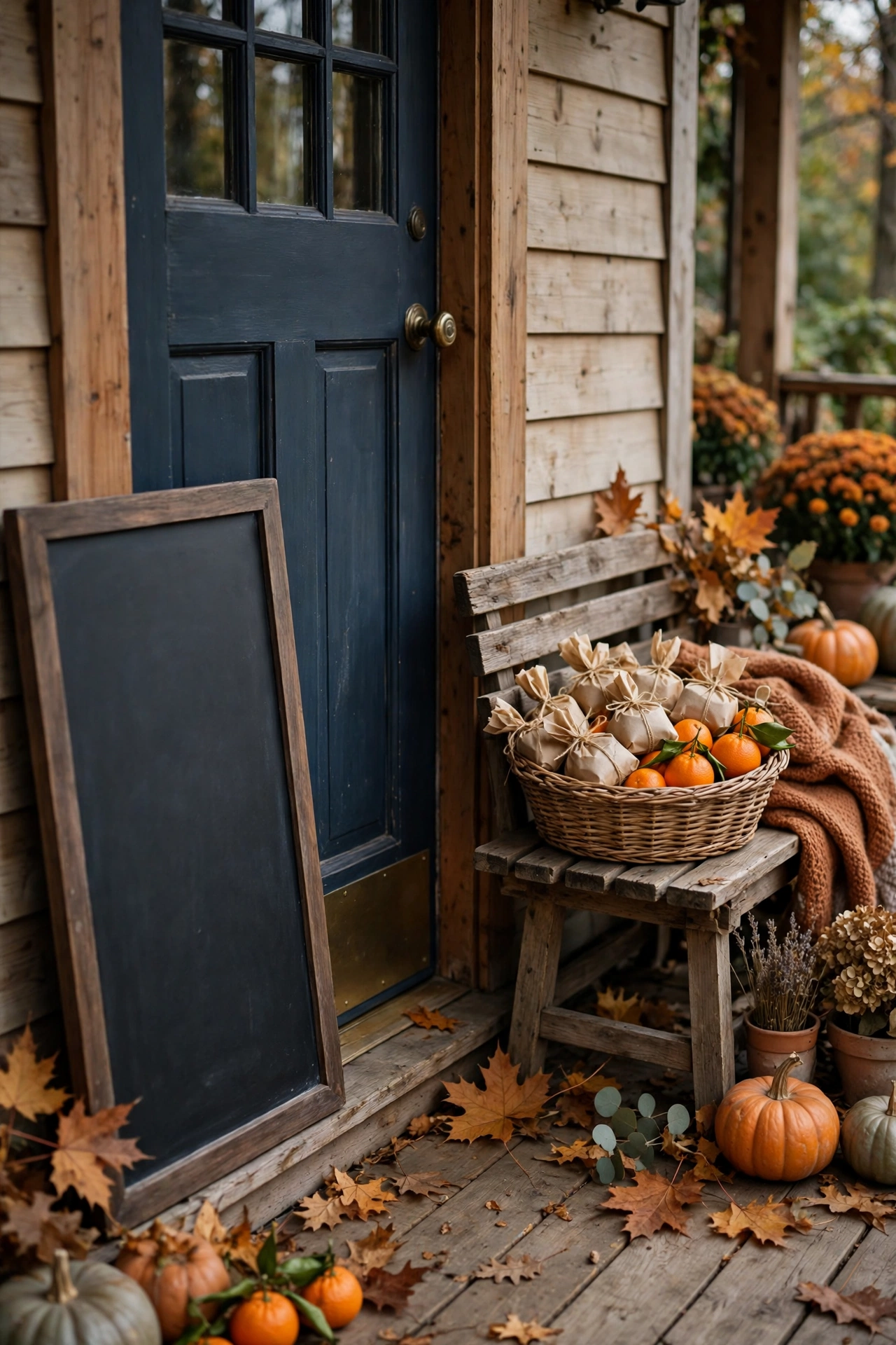Chalkboard welcome and a basket of treats on the bench