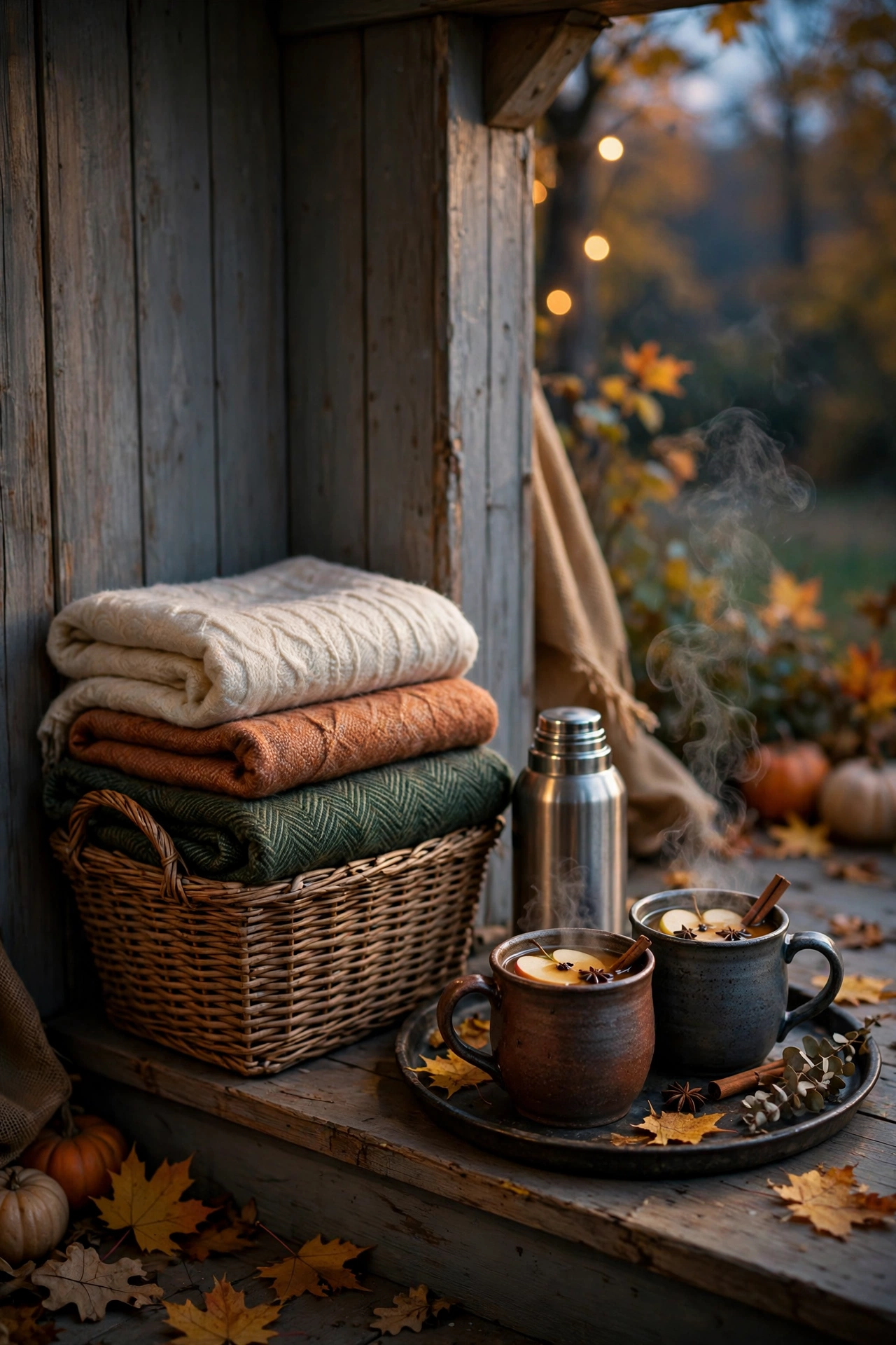 Basket of blankets and a hot cider tray on the porch