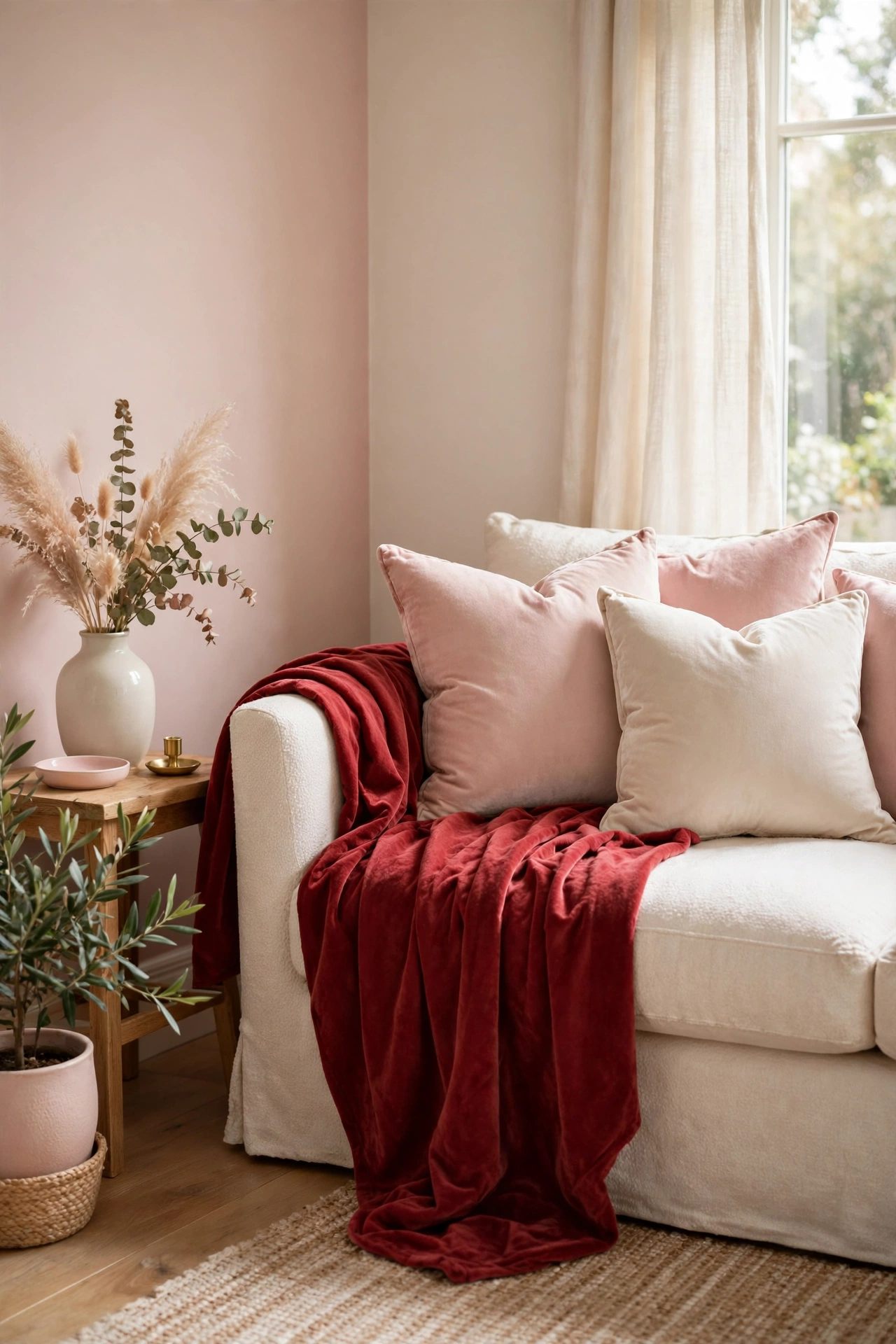 Soft blush and cream living room with deep red velvet cushions