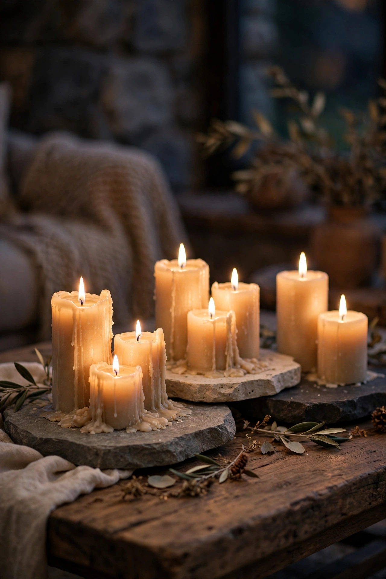 Low clusters of lit pillar candles on stone trays