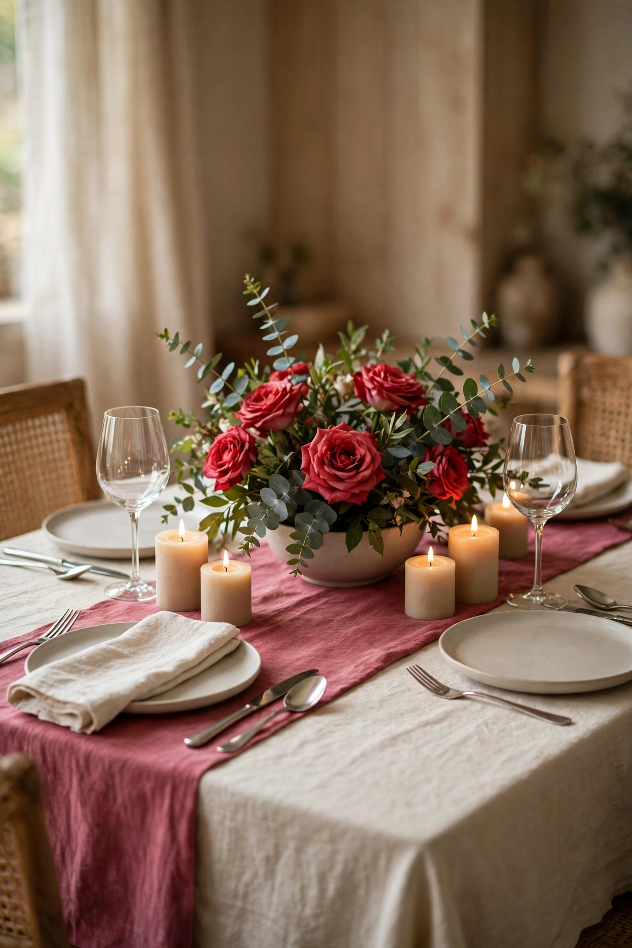 Romantic dinner table set for two with a low bowl of red roses