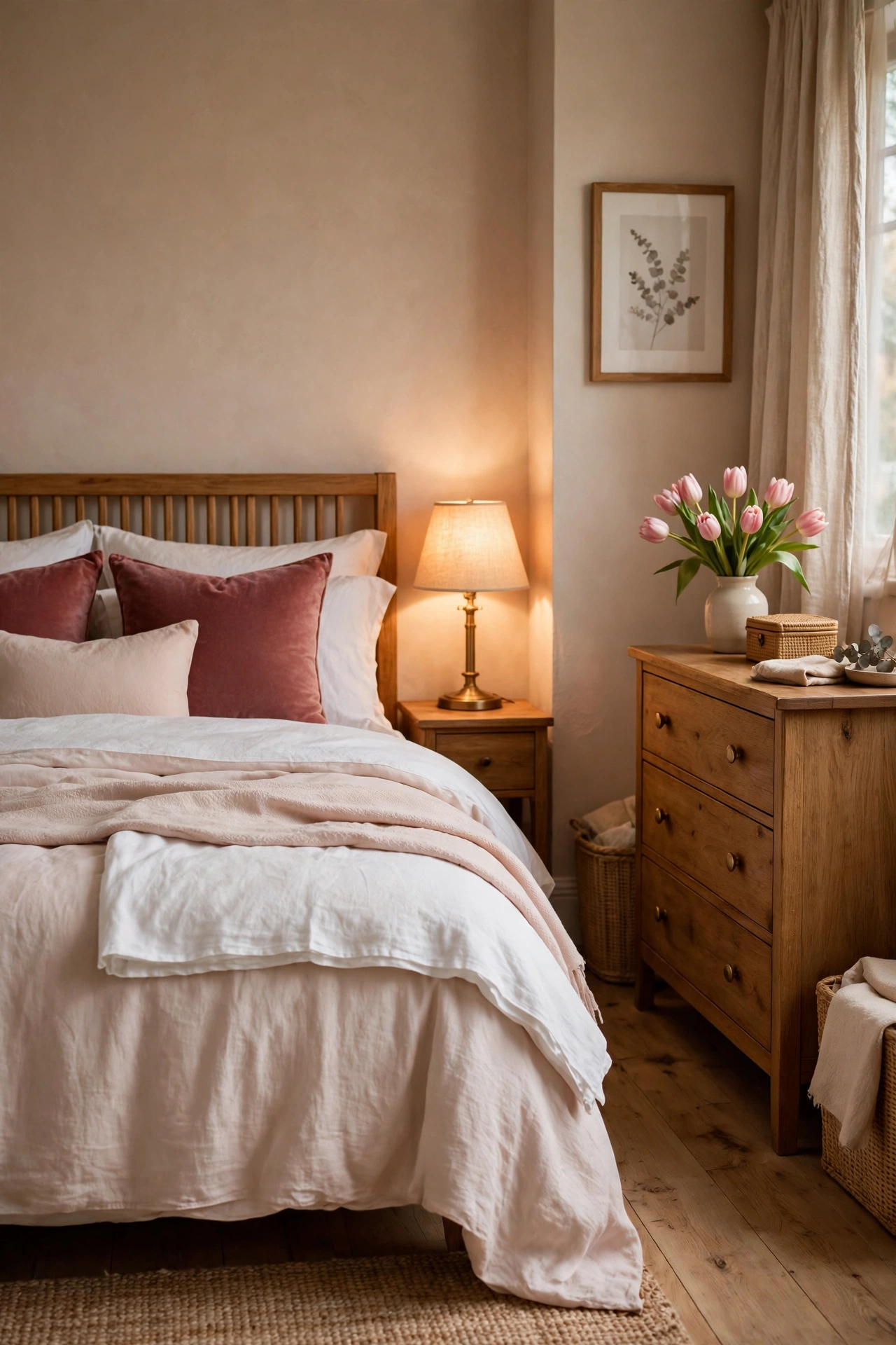Cosy bedroom with blush bedding and warm lamplight