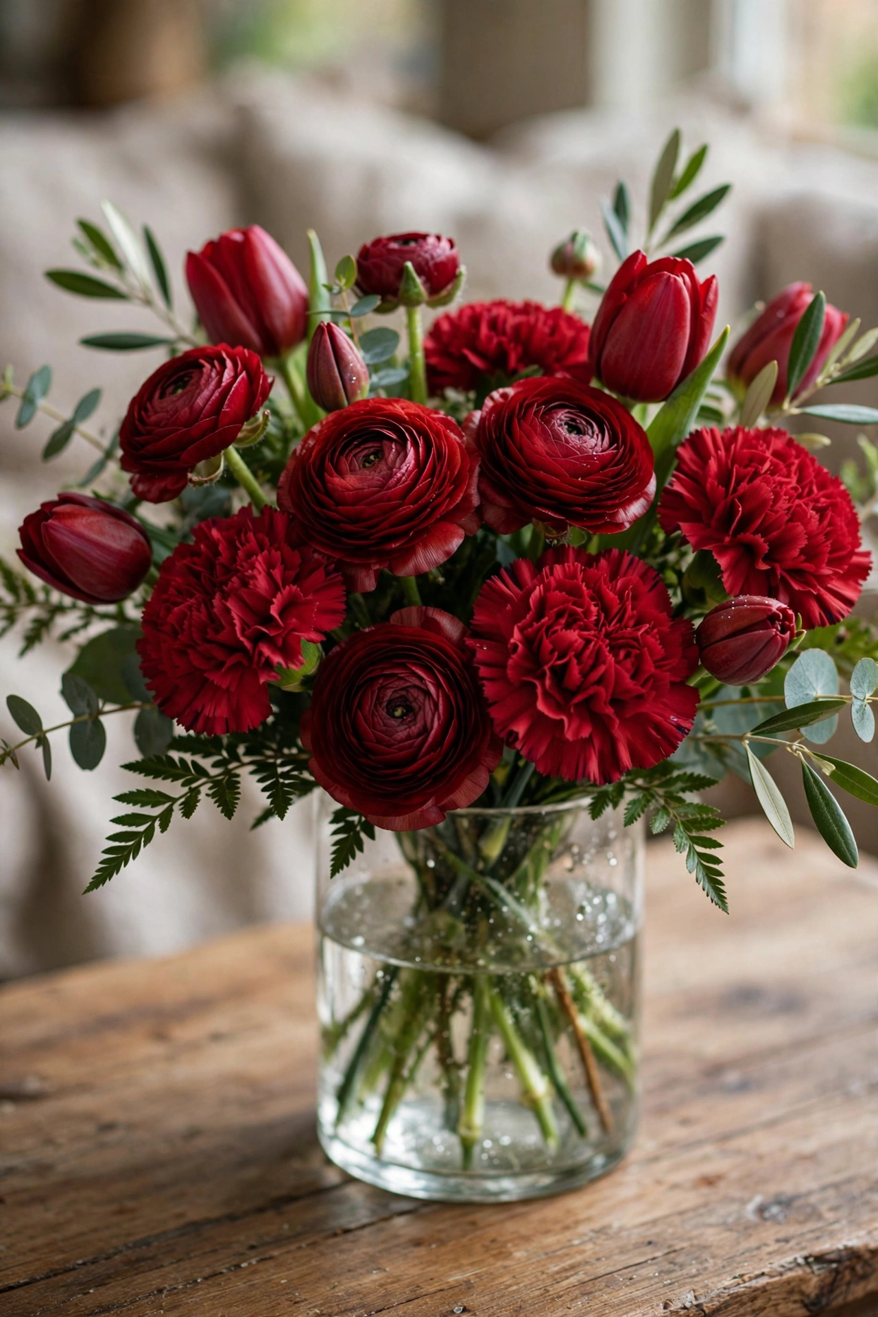 Deep red carnations, tulips and ranunculus in a glass vase
